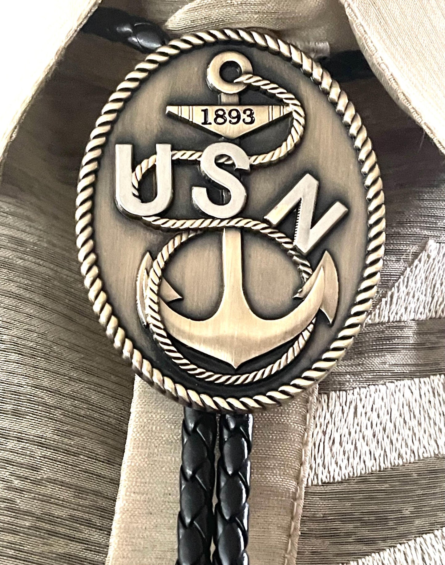 USN CPO Bolo Tie Antique Nickel Pendant