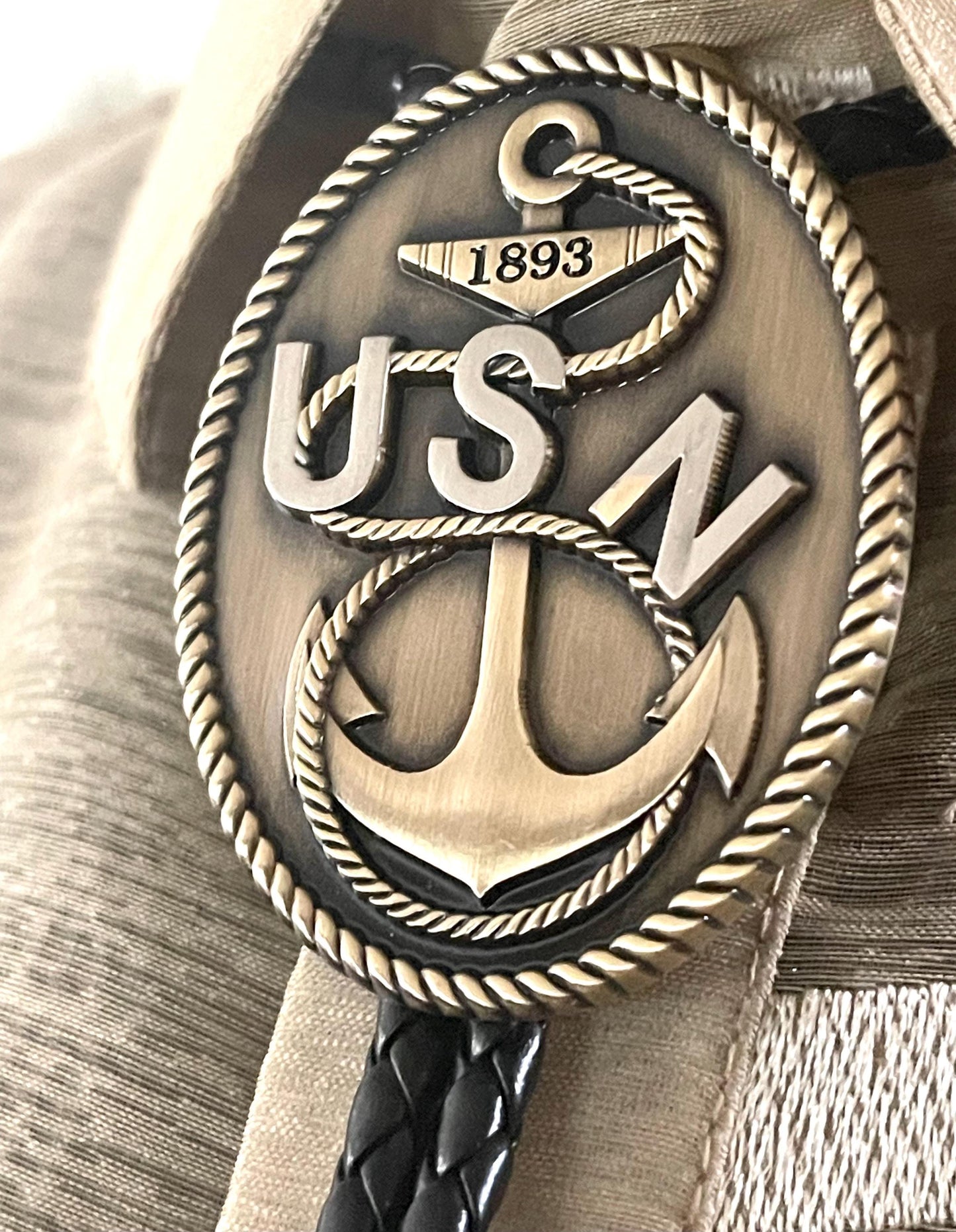 USN CPO Bolo Tie Antique Nickel Pendant