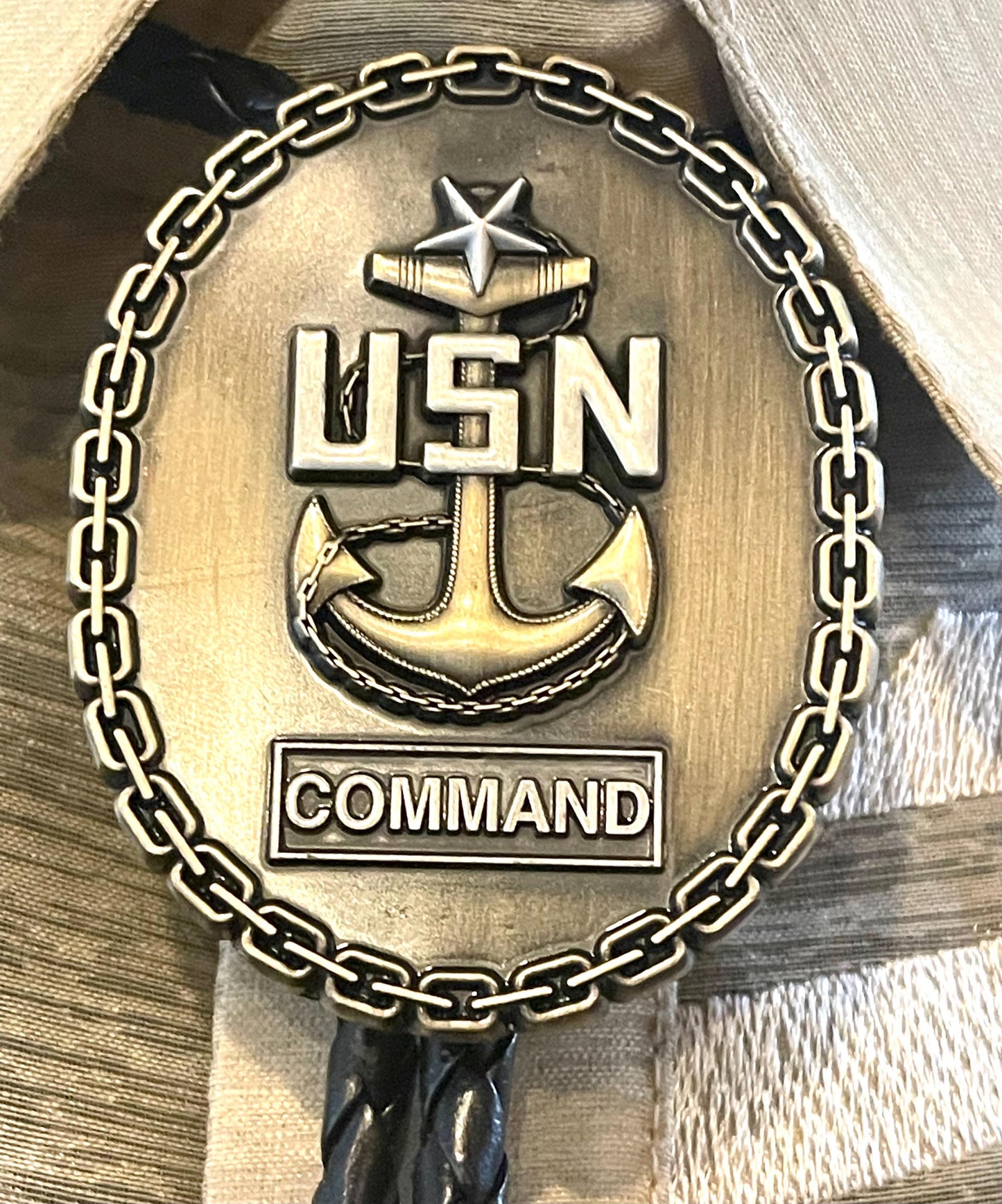 USN Command Senior Chief Bolo Tie Antique Nickel Pendant