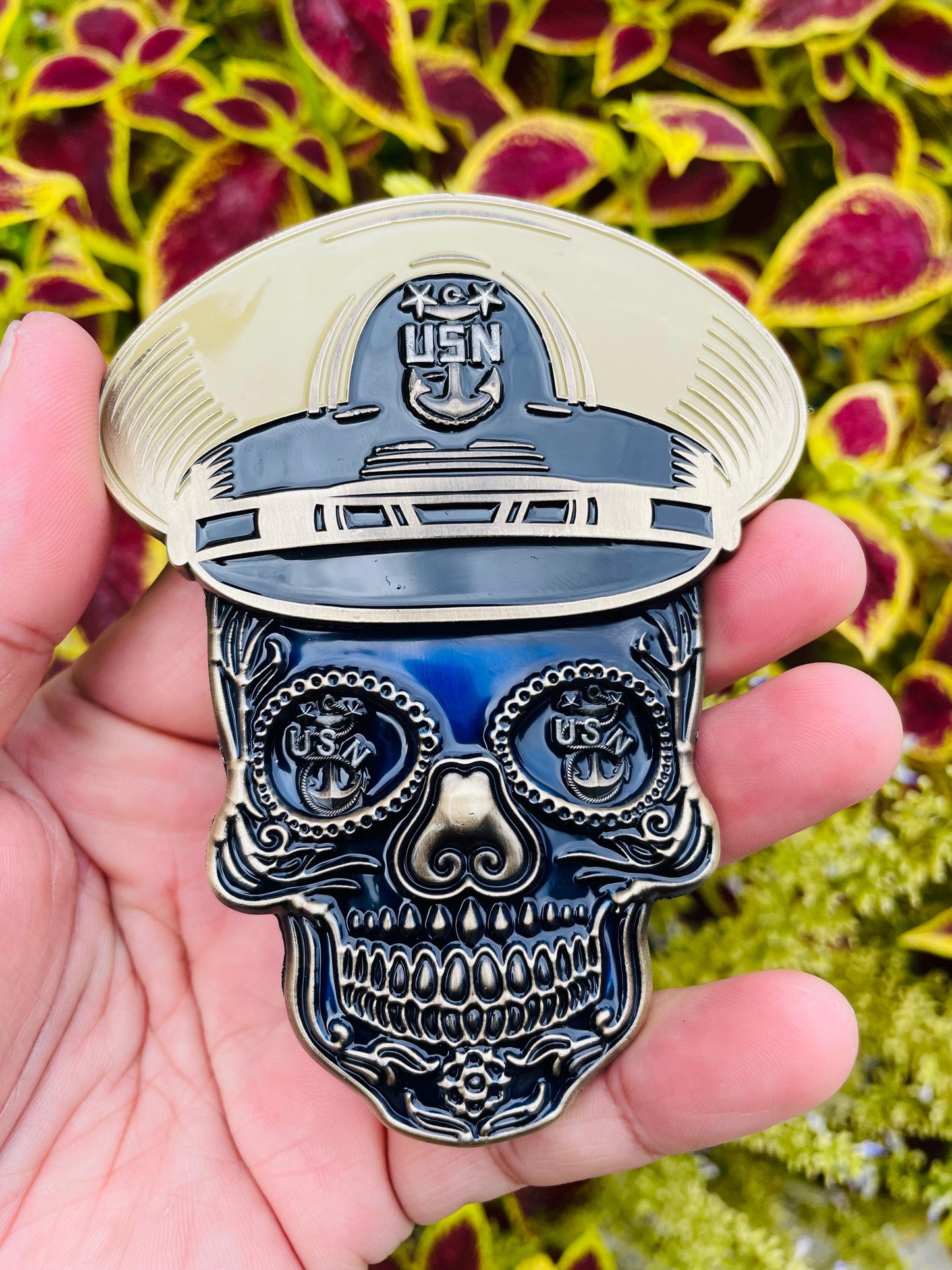 USN 4” Sugar Skull Master Chief Petty Officer Tribal Anchor Challenge Coin.
