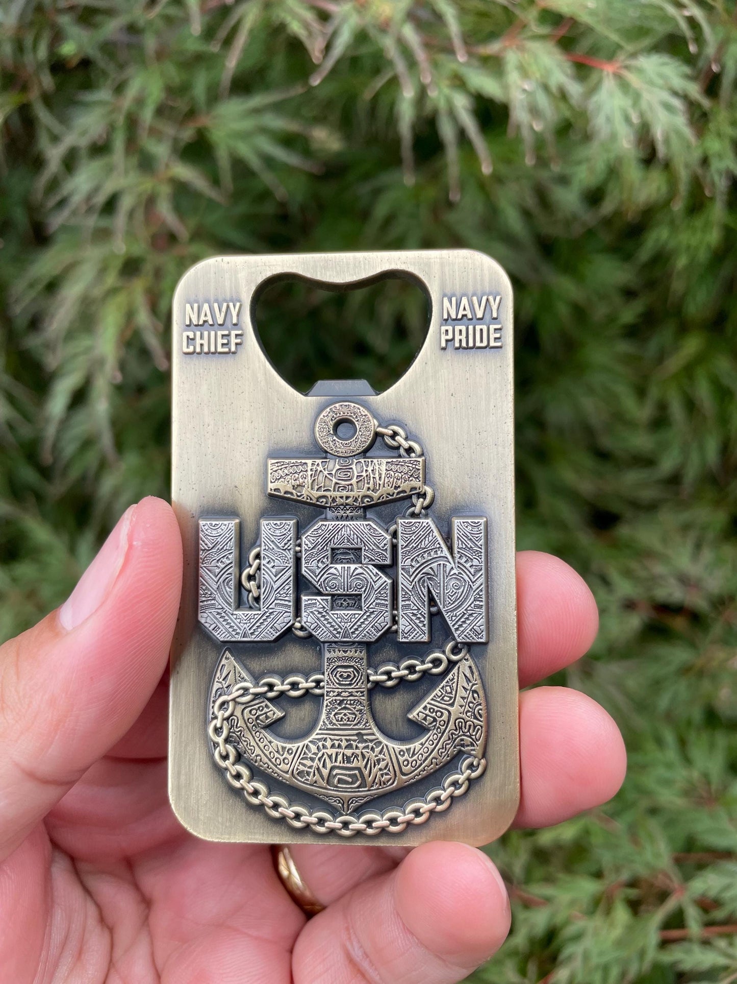 A gift for your Sponsor. 3” Chief, Senior Chief and Master Chief Bottle Opener/Coin Antique Nickel with Tribal Anchors