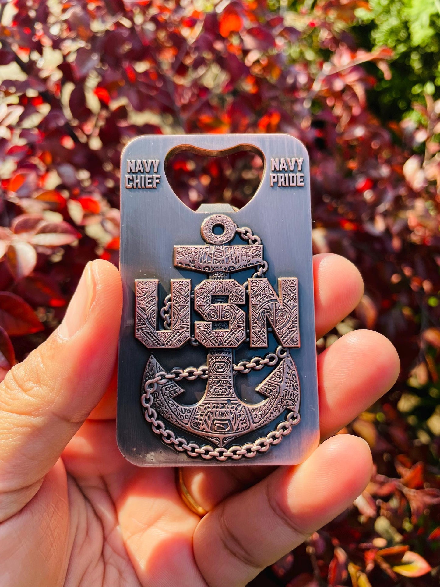 A gift for your Sponsor. 3” Chief, Senior Chief and Master Chief Bottle Opener/Coin Antique Copper with Tribal Anchors