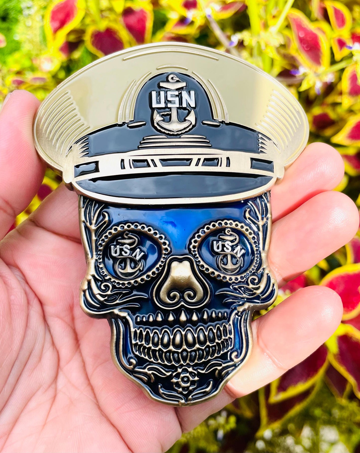 4” Sugar Skull Chief Petty Officer Tribal Anchor Challenge Coin.