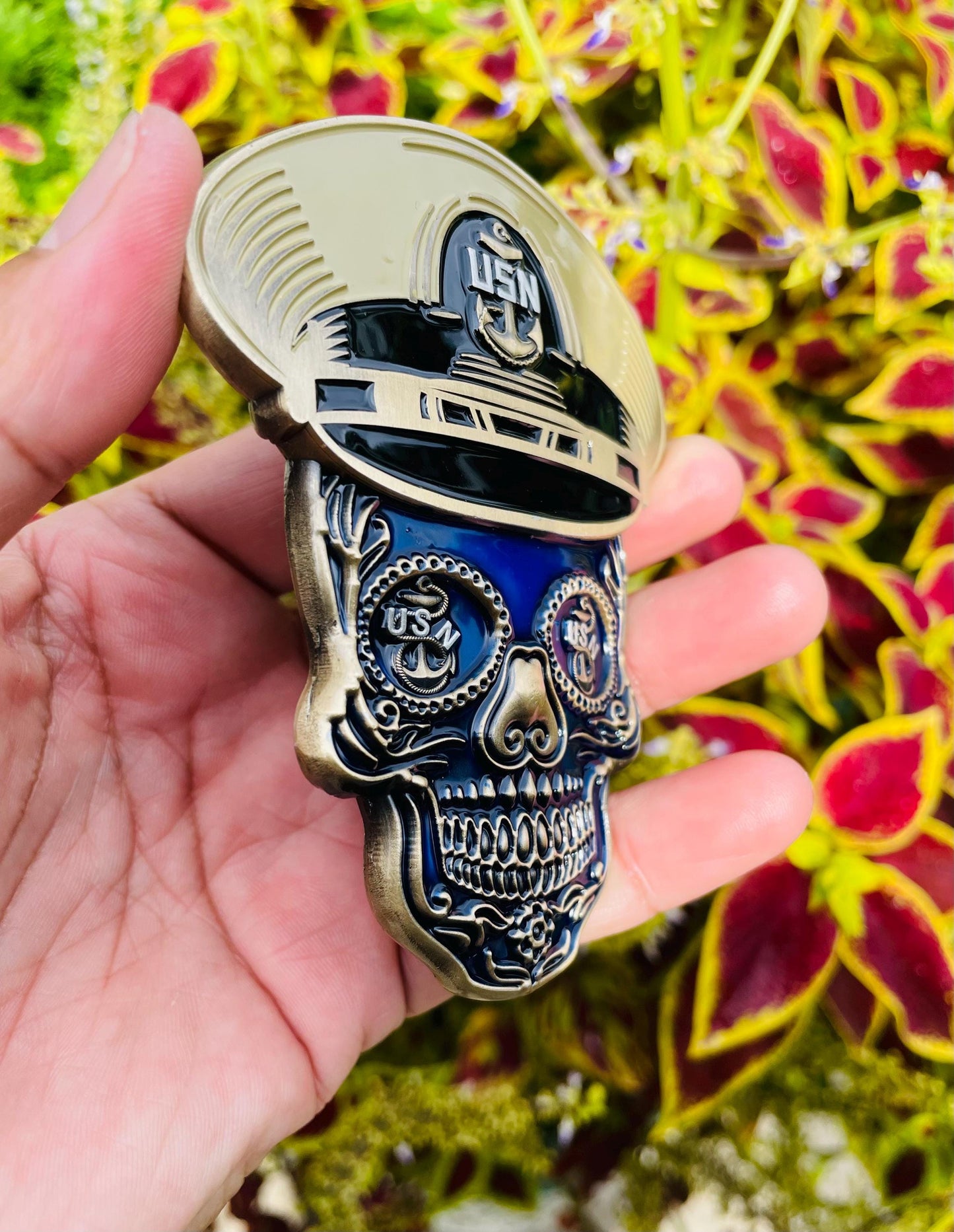 4” Sugar Skull Chief Petty Officer Tribal Anchor Challenge Coin.