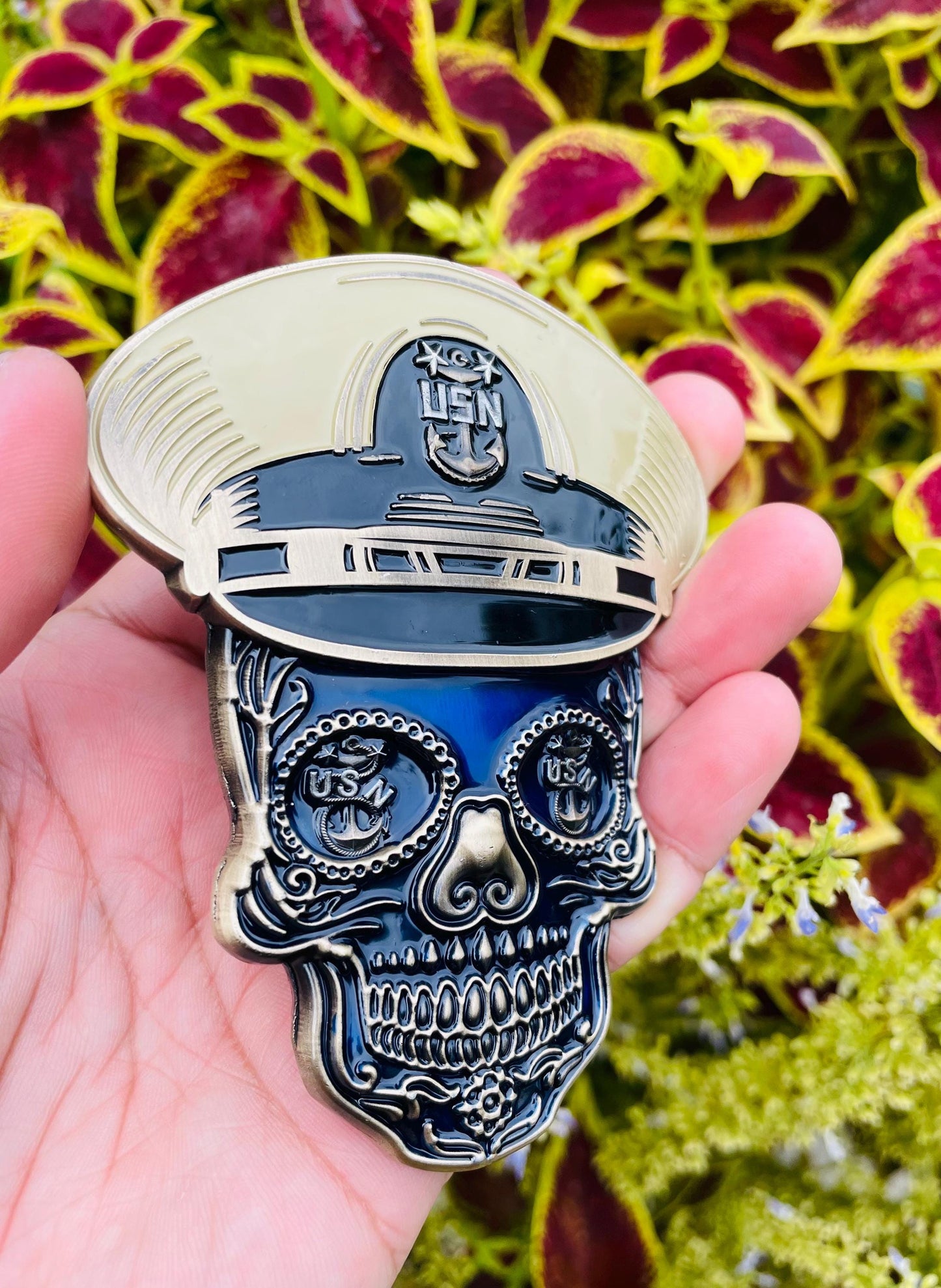 USN 4” Sugar Skull Master Chief Petty Officer Tribal Anchor Challenge Coin.