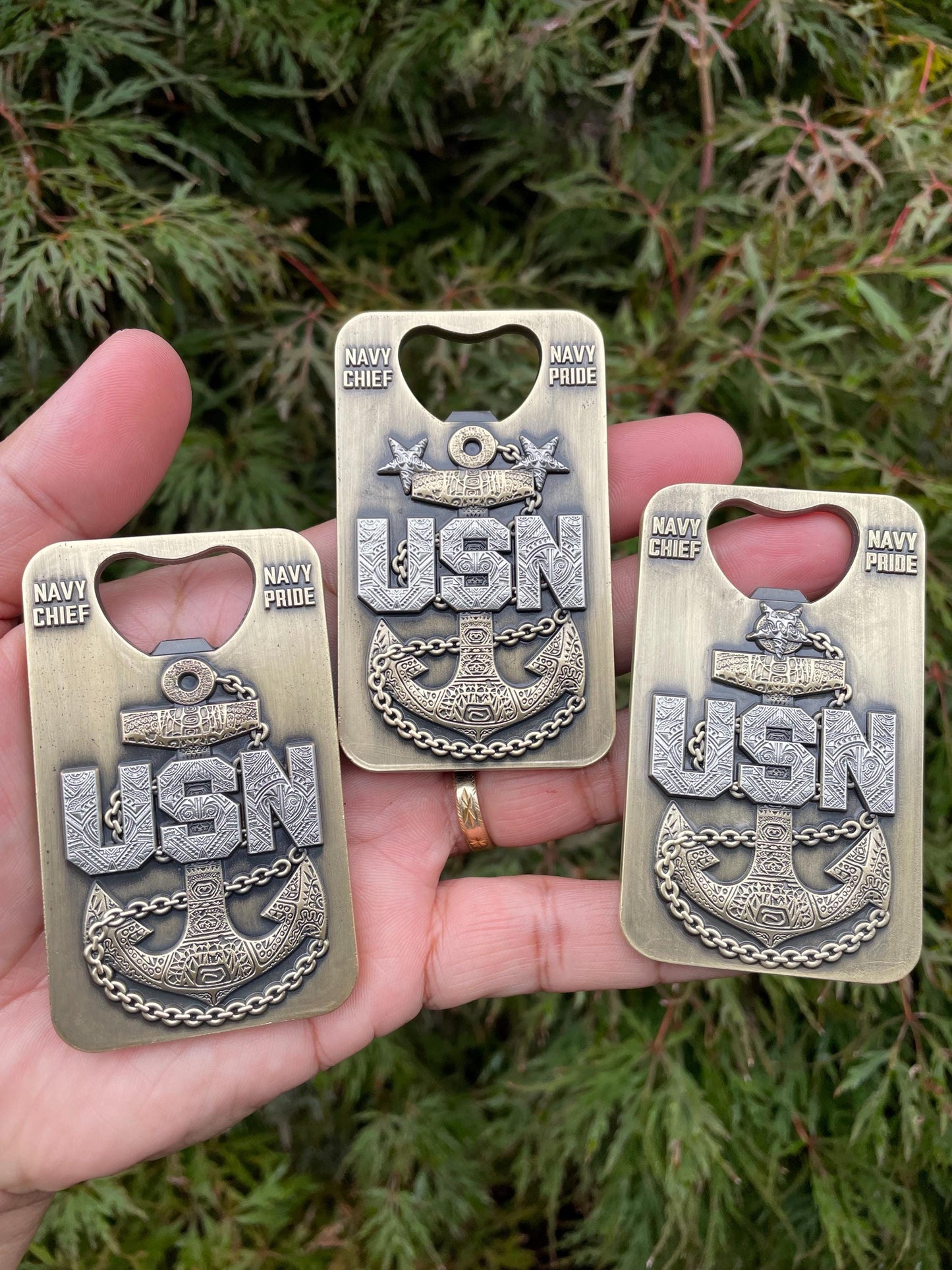 A gift for your Sponsor. 3” Chief, Senior Chief and Master Chief Bottle Opener/Coin Antique Nickel with Tribal Anchors