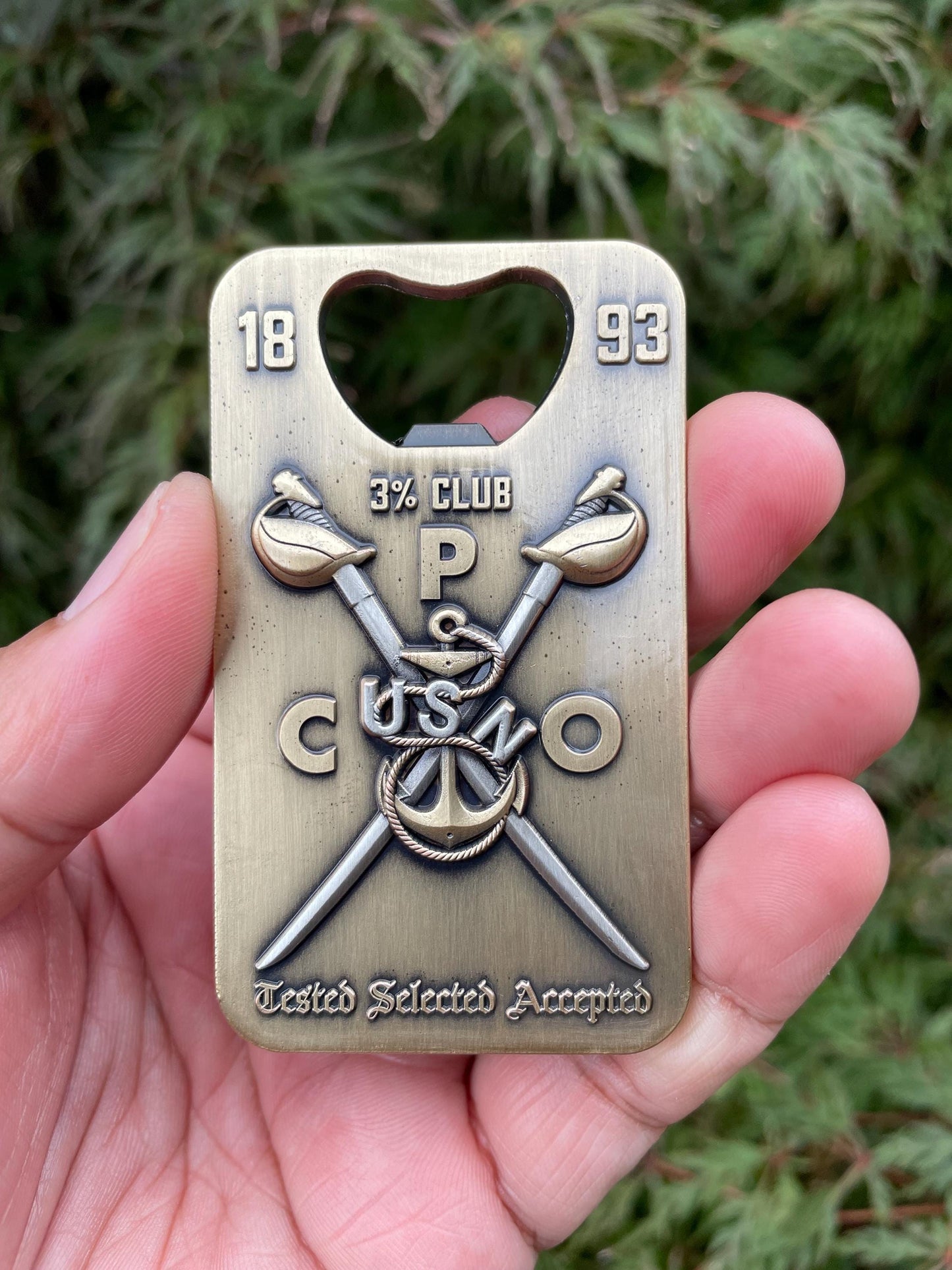 A gift for your Sponsor. 3” Chief, Senior Chief and Master Chief Bottle Opener/Coin Antique Nickel with Tribal Anchors