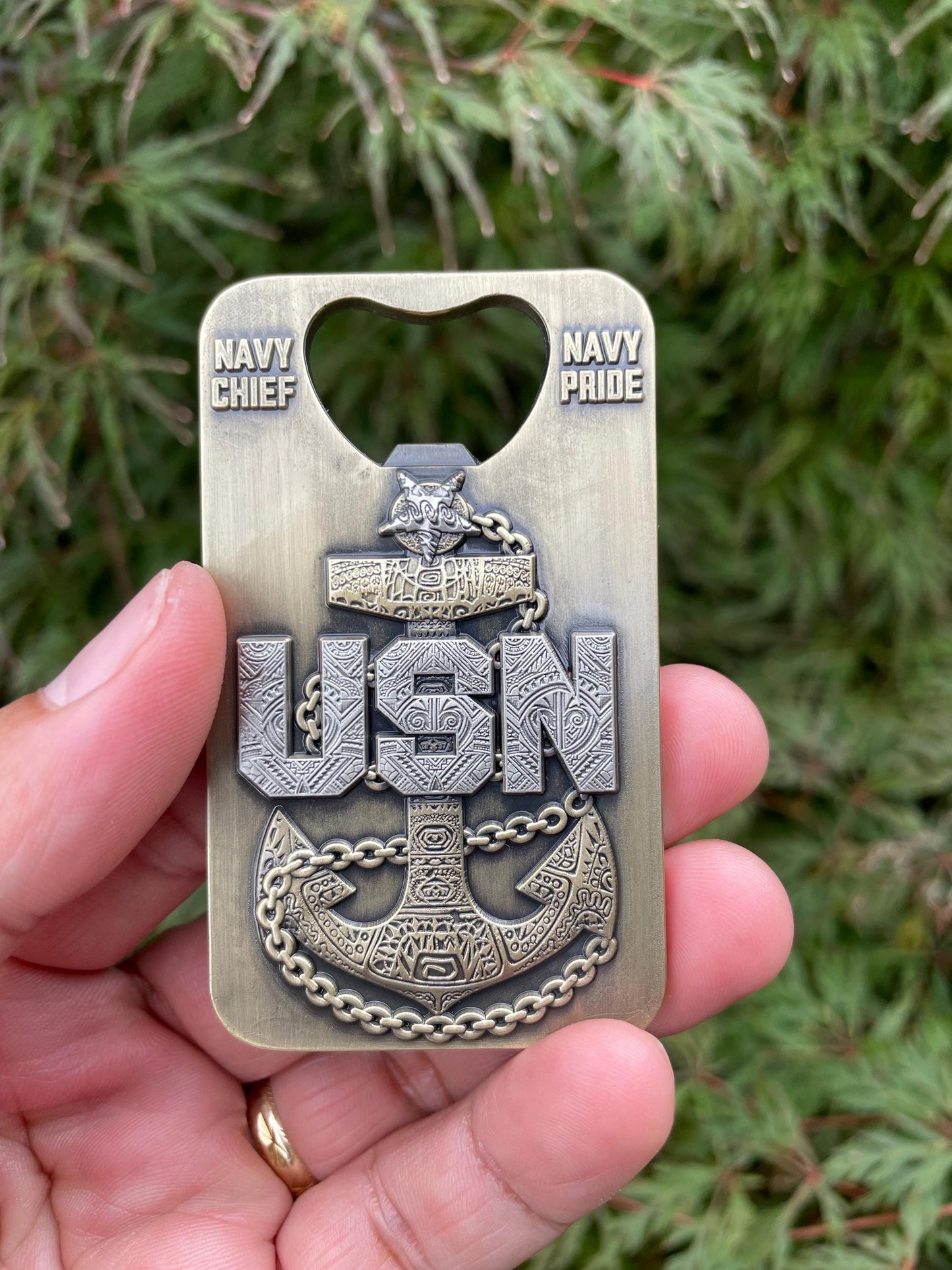 A gift for your Sponsor. 3” Chief, Senior Chief and Master Chief Bottle Opener/Coin Antique Nickel with Tribal Anchors