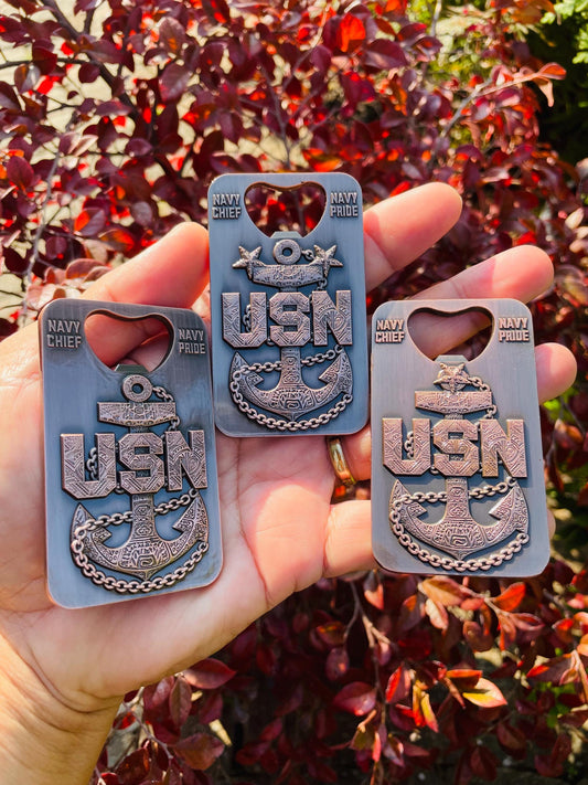 A gift for your Sponsor. 3” Chief, Senior Chief and Master Chief Bottle Opener/Coin Antique Copper with Tribal Anchors