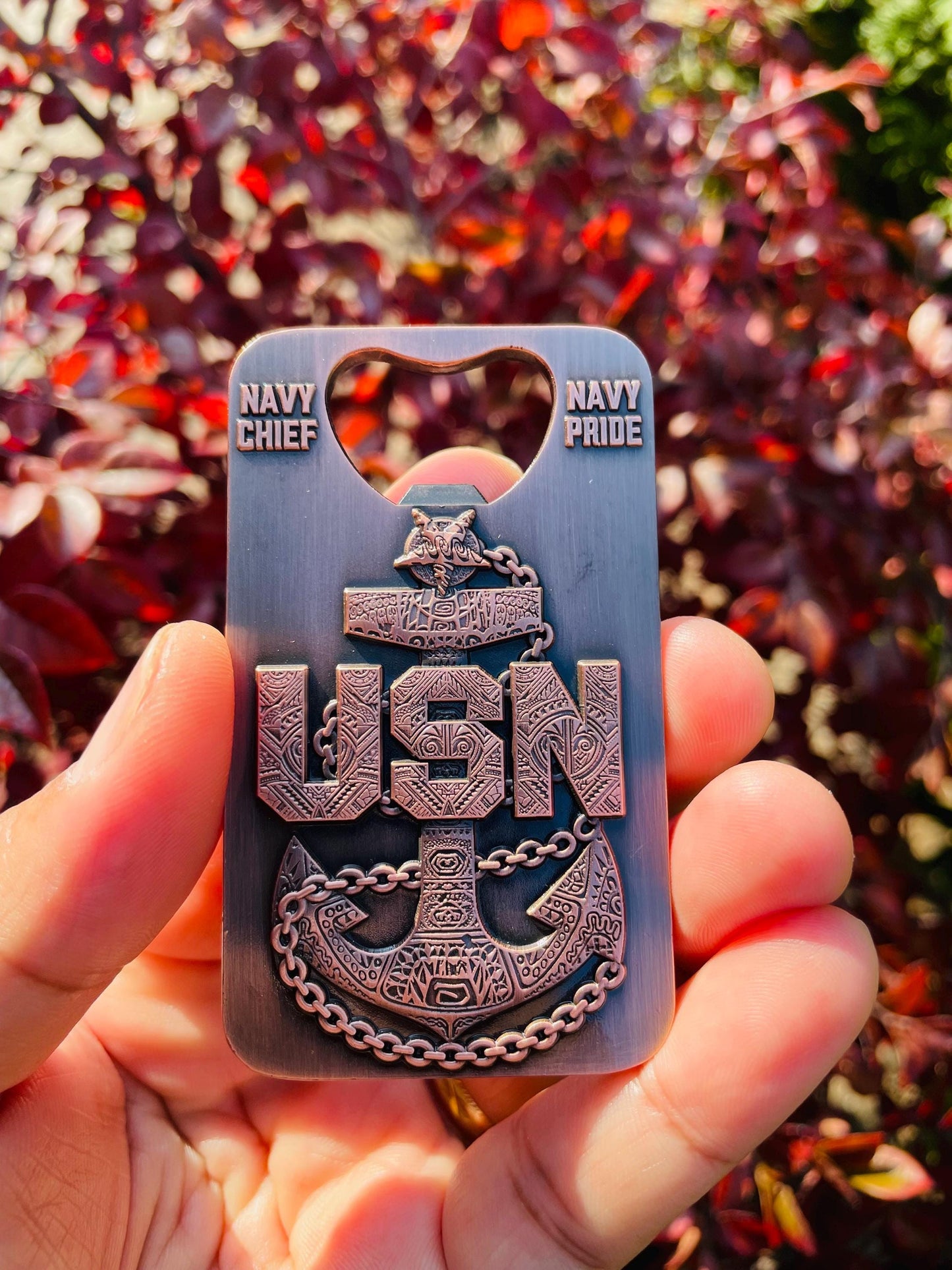A gift for your Sponsor. 3” Chief, Senior Chief and Master Chief Bottle Opener/Coin Antique Copper with Tribal Anchors