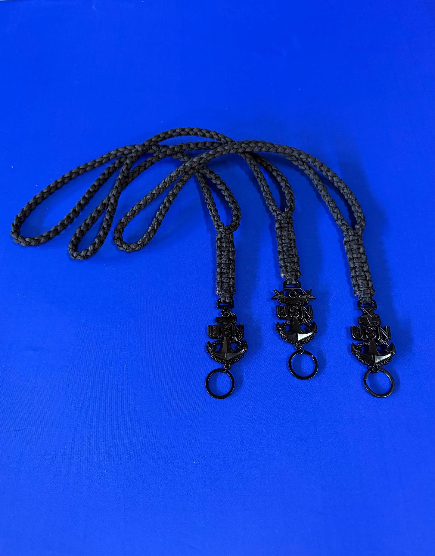 USN E7/E8/E9 Black Anchor with All Black Paracord Neck Lanyard.