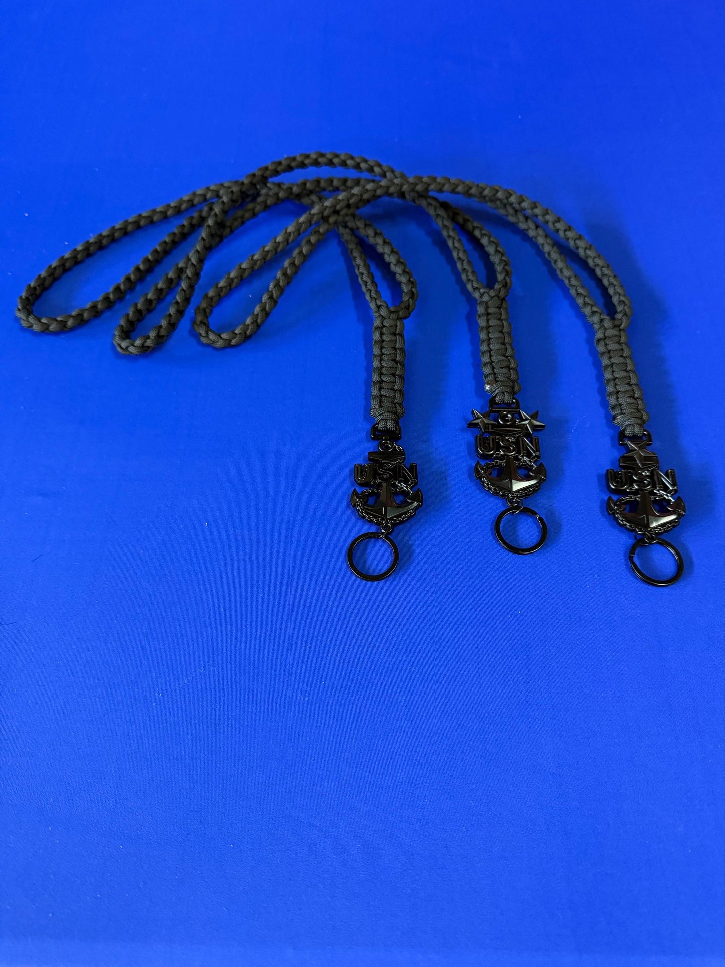 USN E7/E8/E9 Black Anchor with All Black Paracord Neck Lanyard.