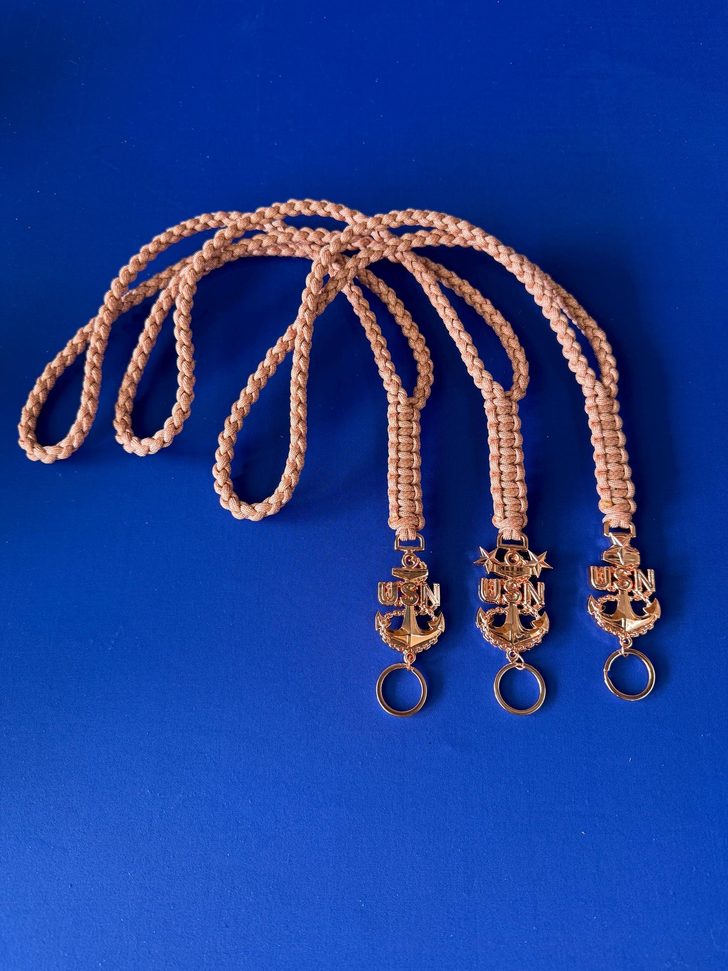 USN E7/E8/E9 Rose Gold Anchor with Gold and Rose Pink Diamond Paracord Neck Lanyard.