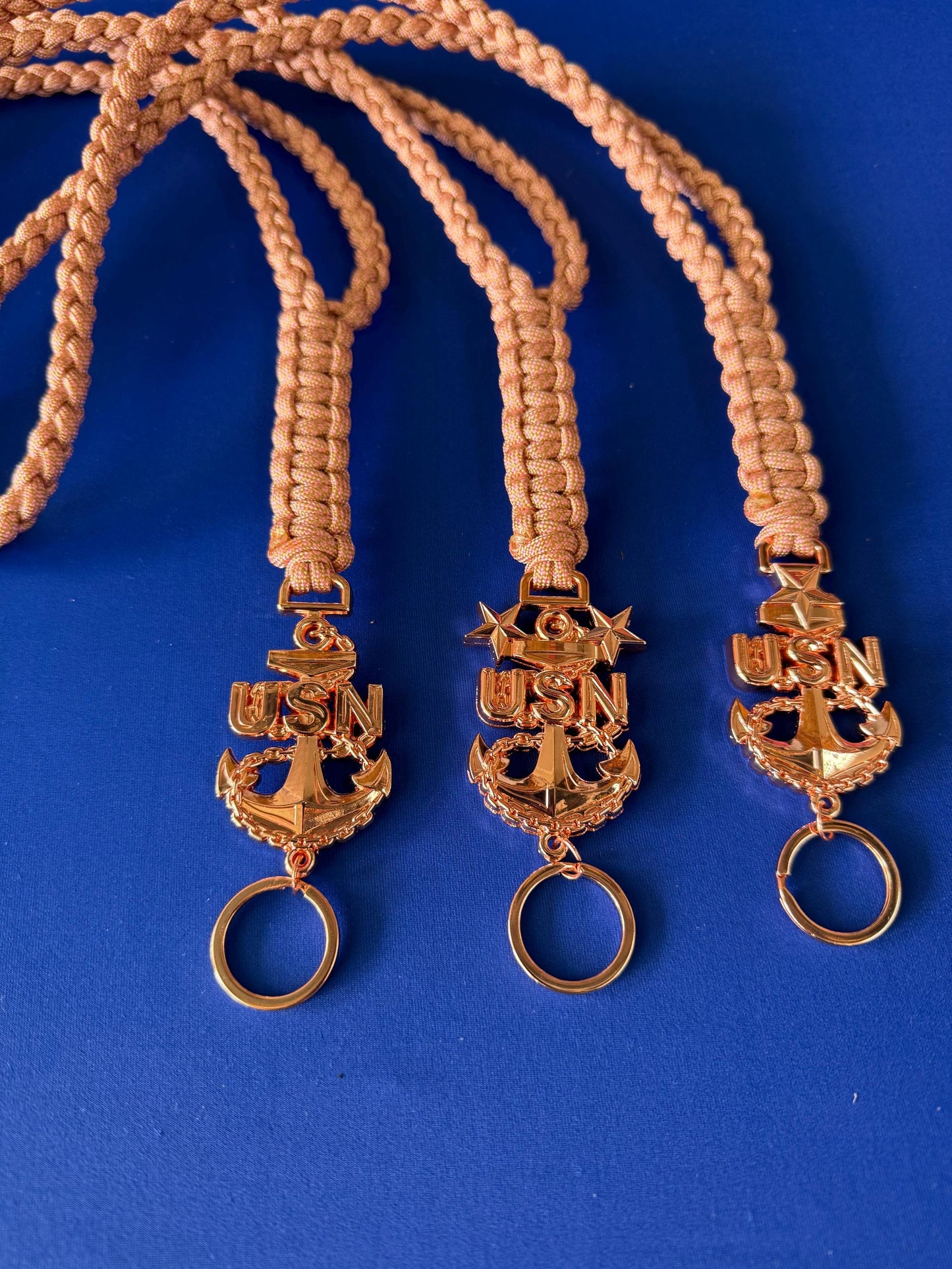 USN E7/E8/E9 Rose Gold Anchor with Gold and Rose Pink Diamond Paracord Neck Lanyard.
