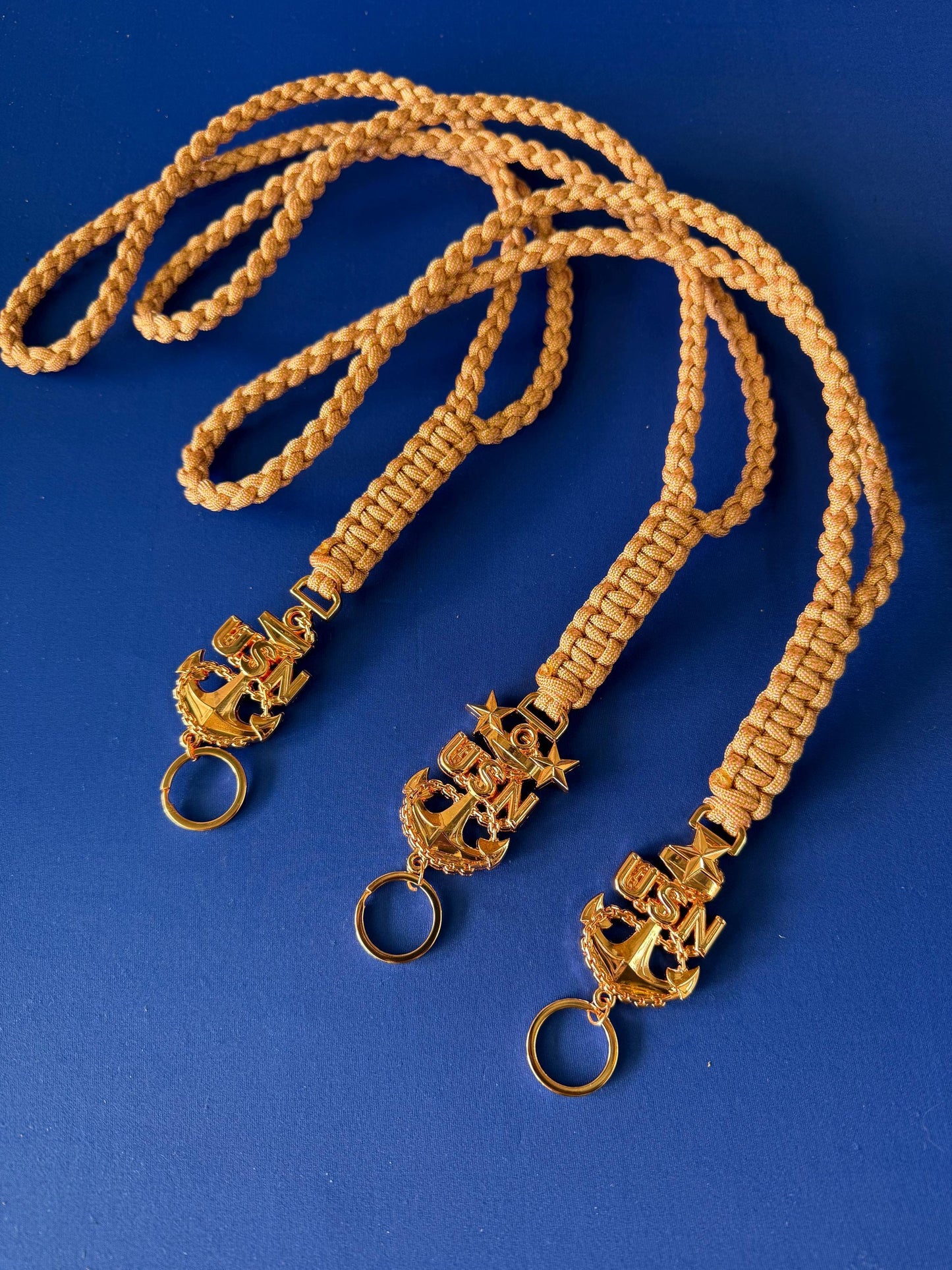 USN E7/E8/E9 Rose Gold Anchor with Gold and Rose Pink Diamond Paracord Neck Lanyard.