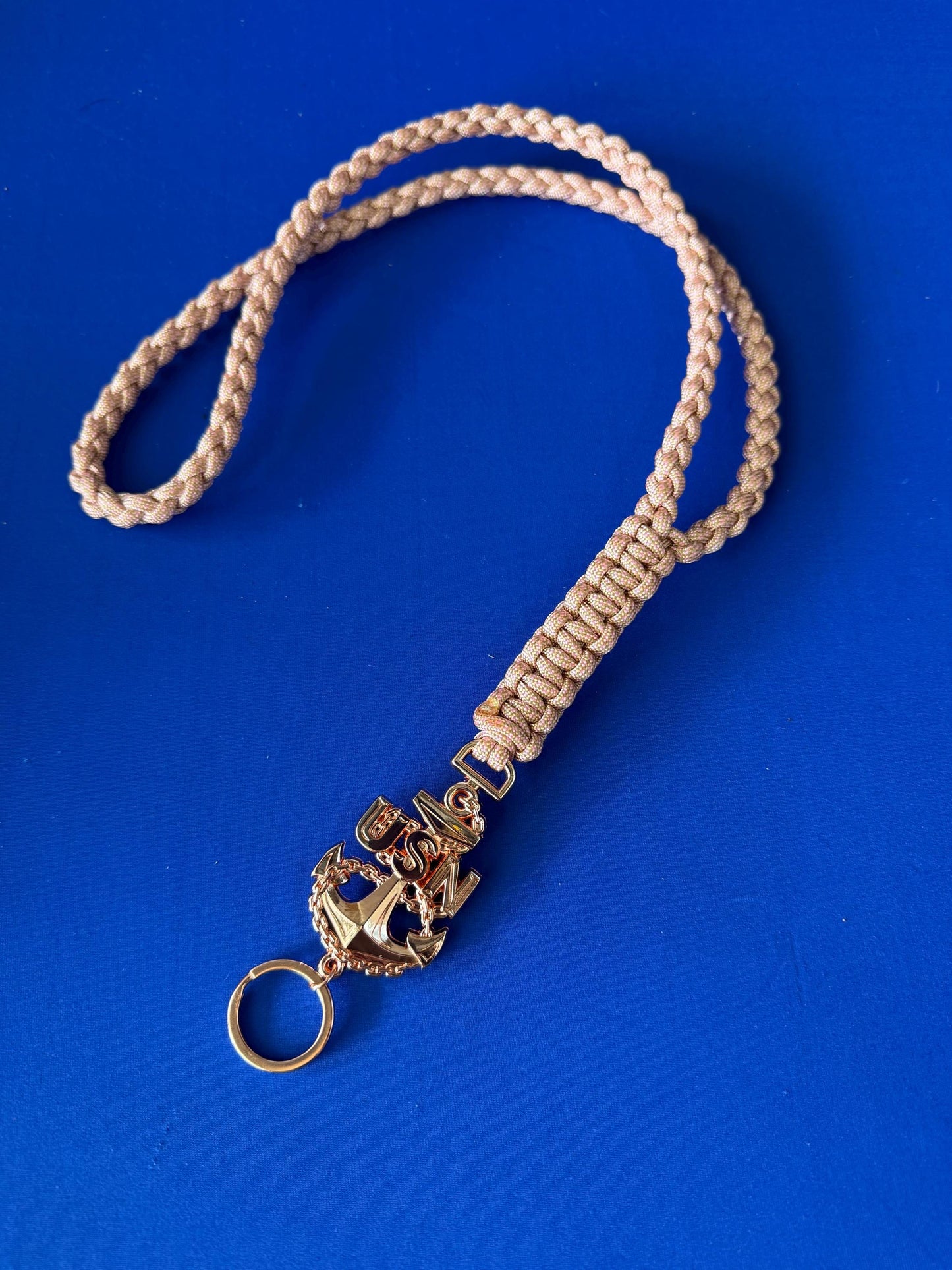 USN E7/E8/E9 Rose Gold Anchor with Gold and Rose Pink Diamond Paracord Neck Lanyard.