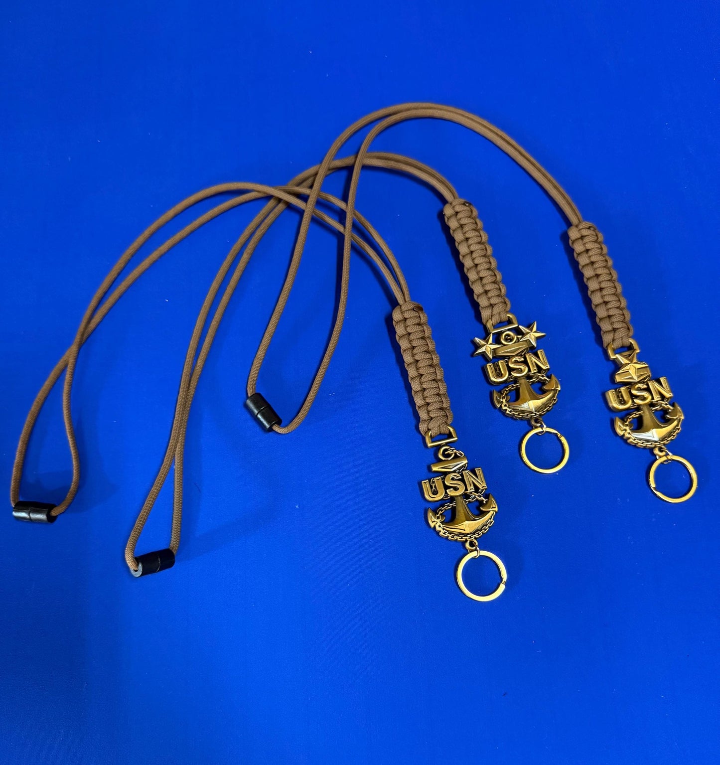 USN E7/E8/E9 Antique Gold Anchors with Coyote Brown Paracord Neck Lanyards