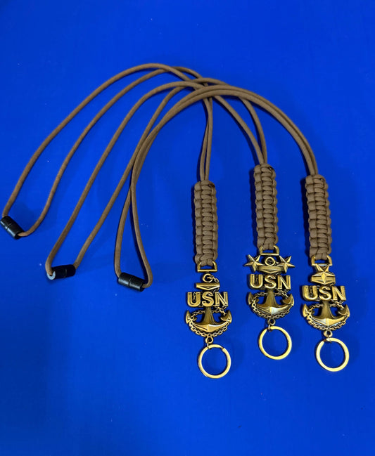 USN E7/E8/E9 Antique Gold Anchors with Coyote Brown Paracord Neck Lanyards