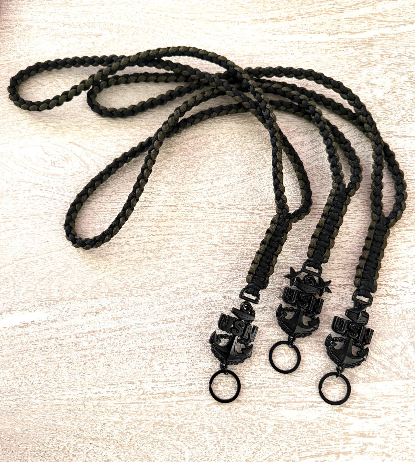 USN E7/E8/E9 2 Color (Black and Olive Drab) 4 strand round braid with cobra knot paracord neck lanyard