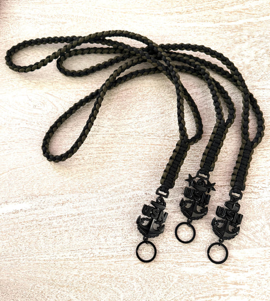 USN E7/E8/E9 2 Color (Black and Olive Drab) 4 strand round braid with cobra knot paracord neck lanyard