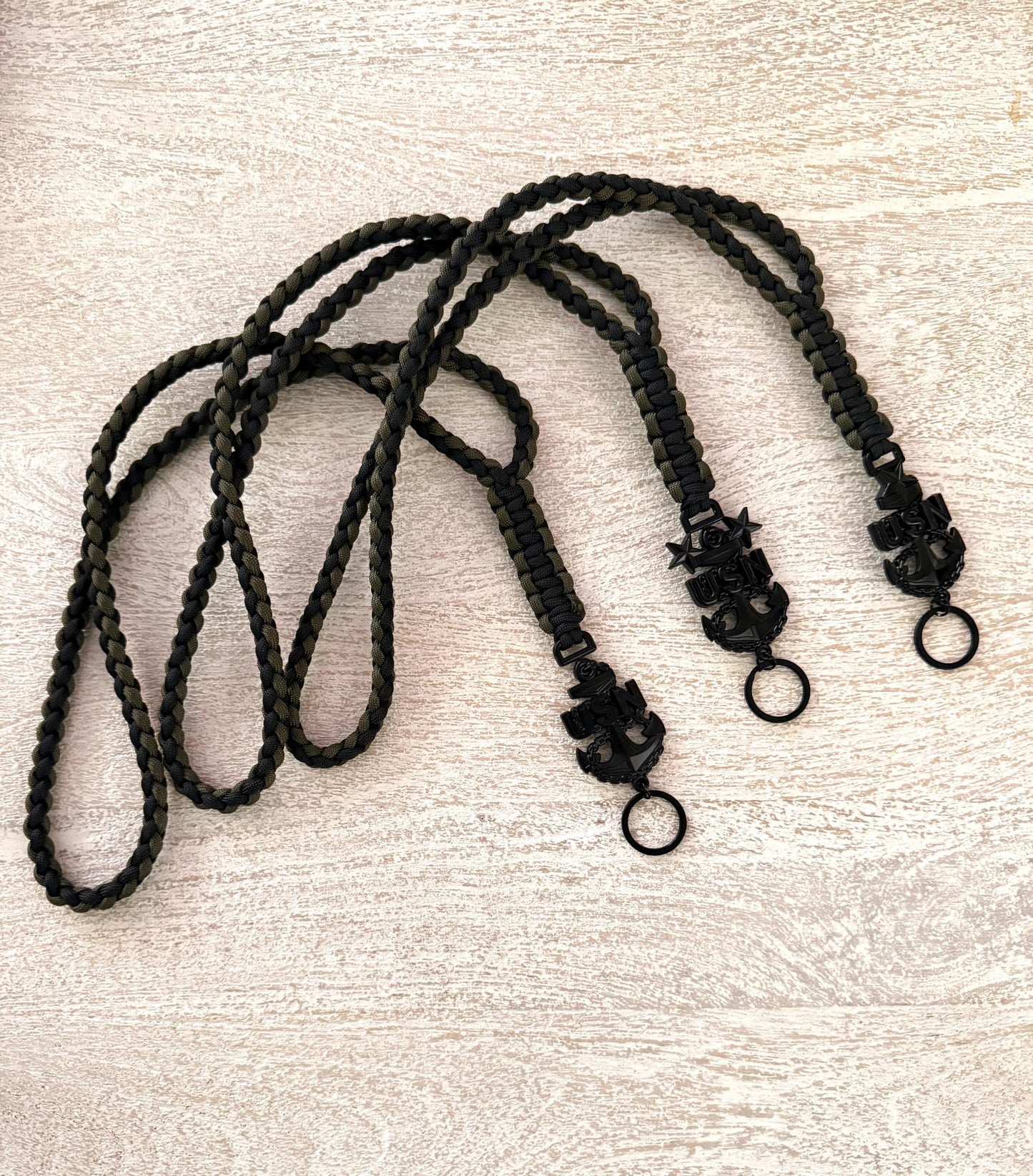 USN E7/E8/E9 2 Color (Black and Olive Drab) 4 strand round braid with cobra knot paracord neck lanyard