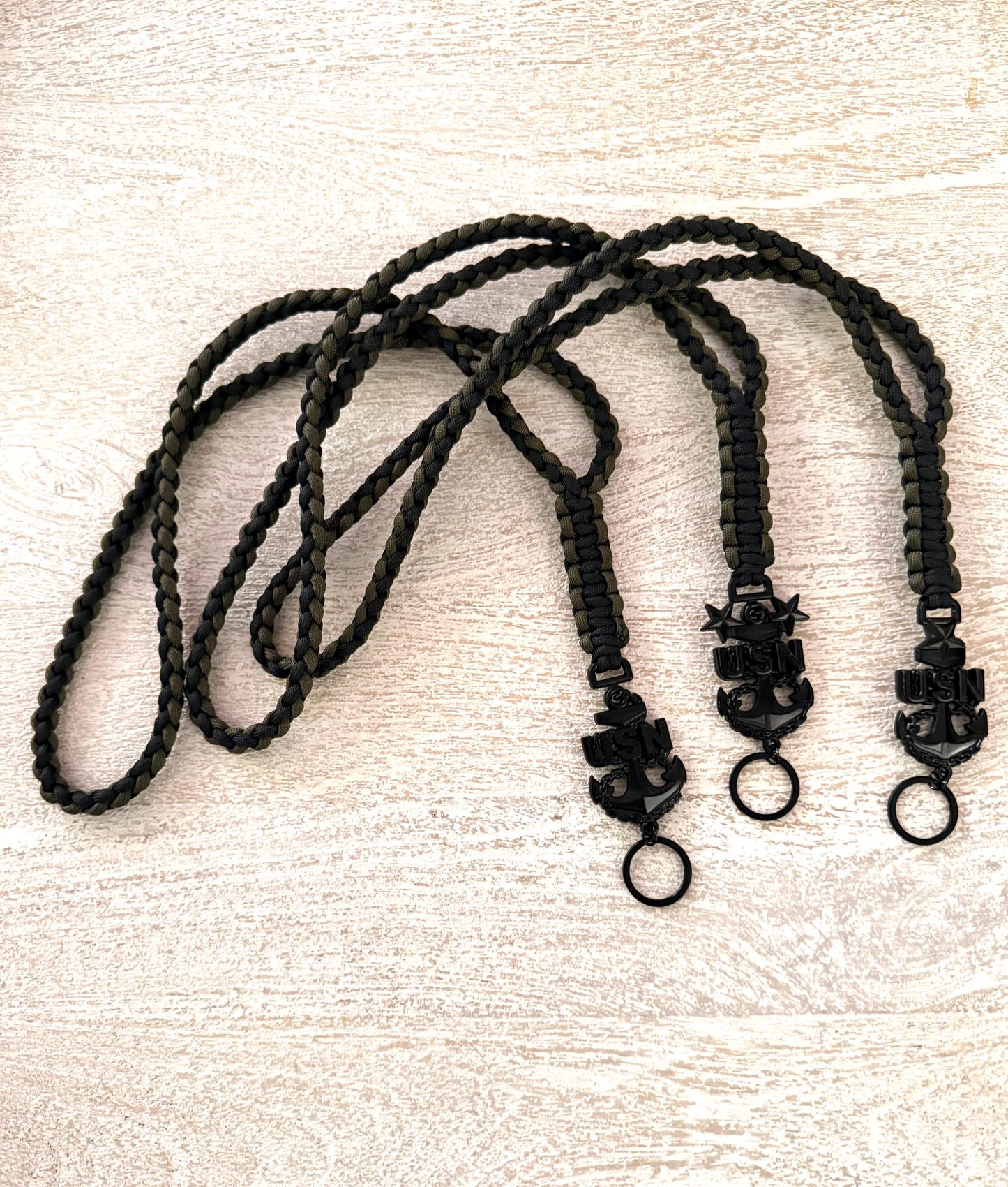USN E7/E8/E9 2 Color (Black and Olive Drab) 4 strand round braid with cobra knot paracord neck lanyard