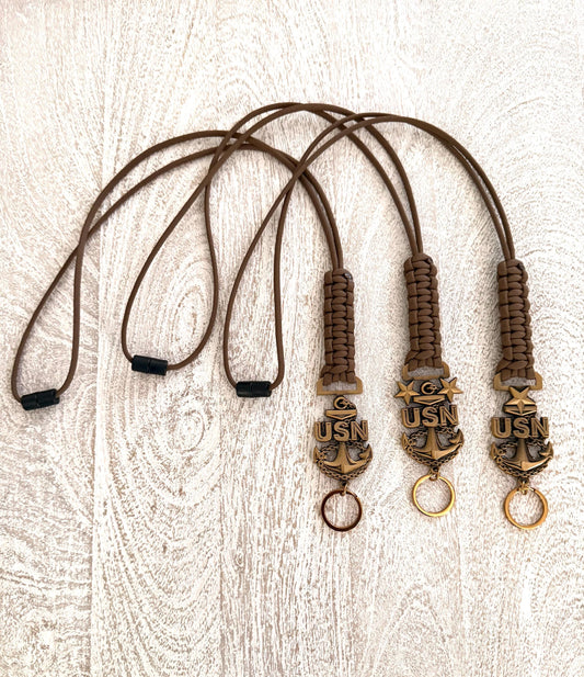 USN E7/E8/E9 Antique Gold Anchors with Coyote Brown Paracord Lanyard.