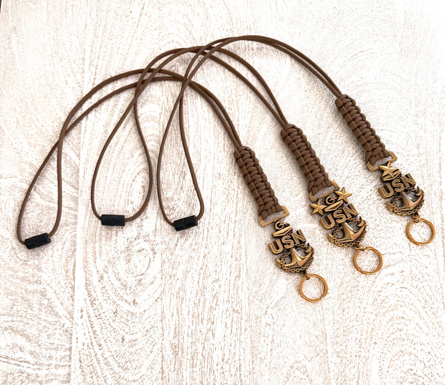 USN E7/E8/E9 Antique Gold Anchors with Coyote Brown Paracord Lanyard.