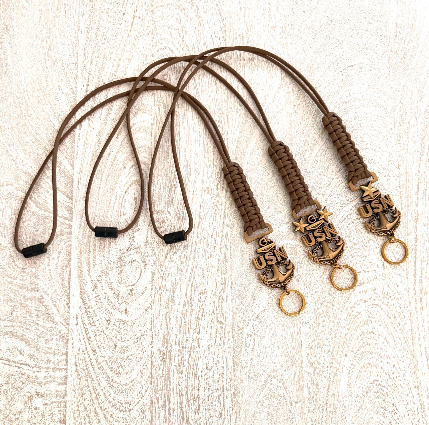 USN E7/E8/E9 Antique Gold Anchors with Coyote Brown Paracord Lanyard.