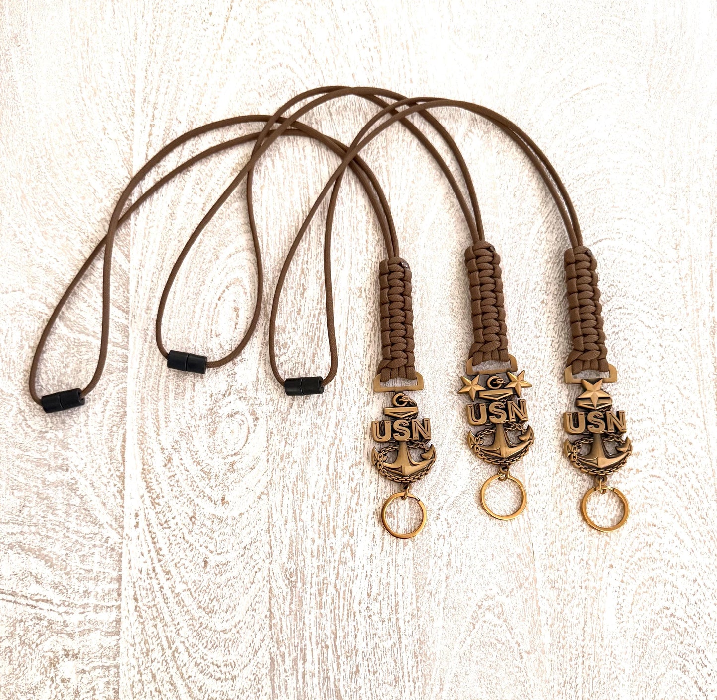 USN E7/E8/E9 Antique Gold Anchors with Coyote Brown Paracord Lanyard.