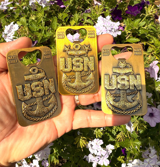 A gift for your Sponsor. 3” Chief, Senior Chief and Master Chief Bottle Opener/Coin Antique Gold with Tribal Anchors