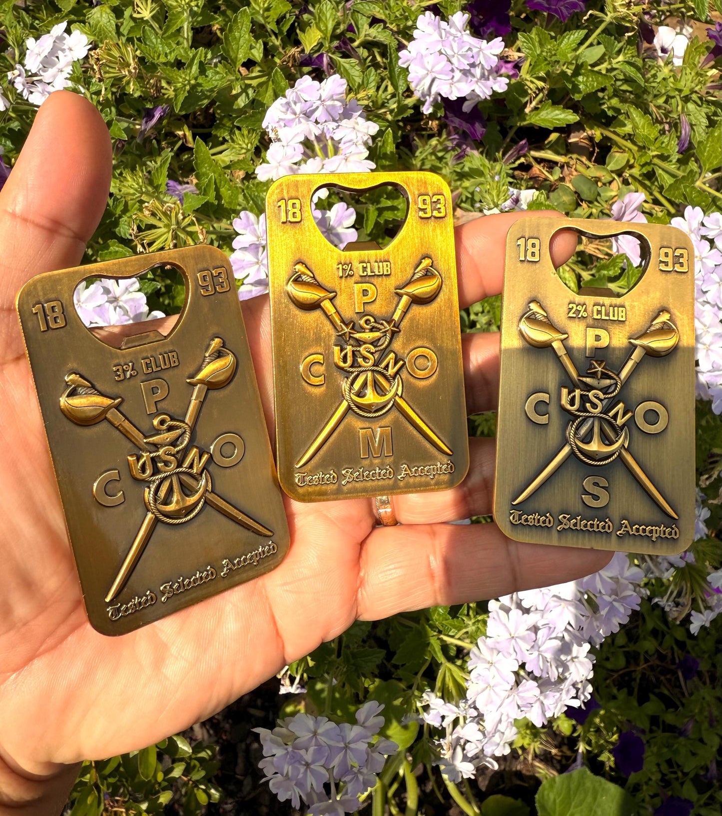 A gift for your Sponsor. 3” Chief, Senior Chief and Master Chief Bottle Opener/Coin Antique Gold with Tribal Anchors