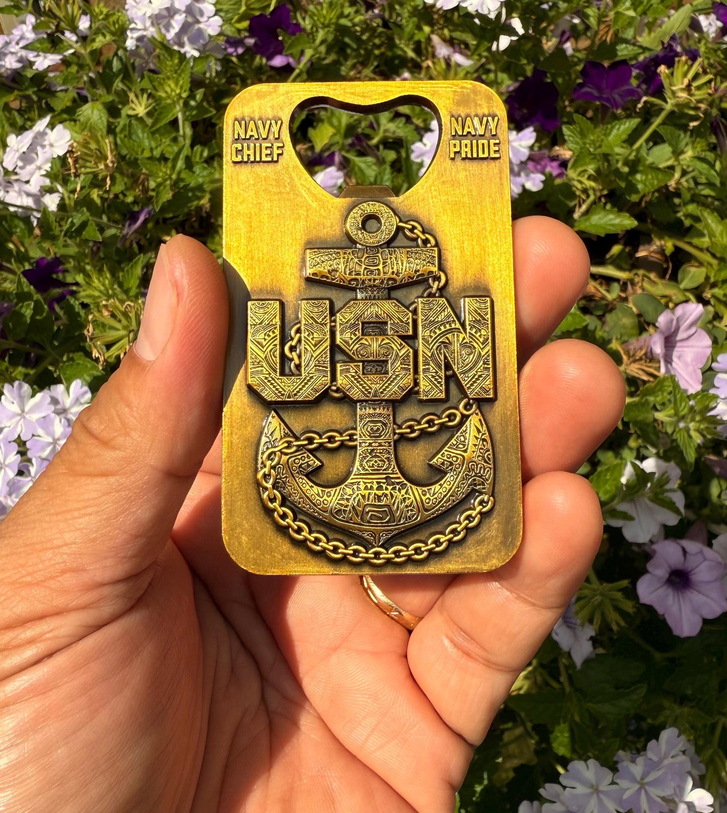 A gift for your Sponsor. 3” Chief, Senior Chief and Master Chief Bottle Opener/Coin Antique Gold with Tribal Anchors