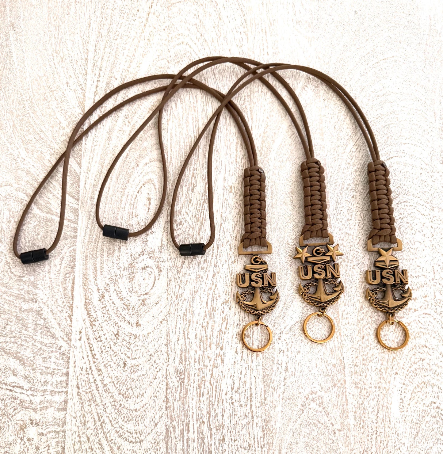 USN E7/E8/E9 Antique Gold Anchors with Coyote Brown Paracord Lanyard.