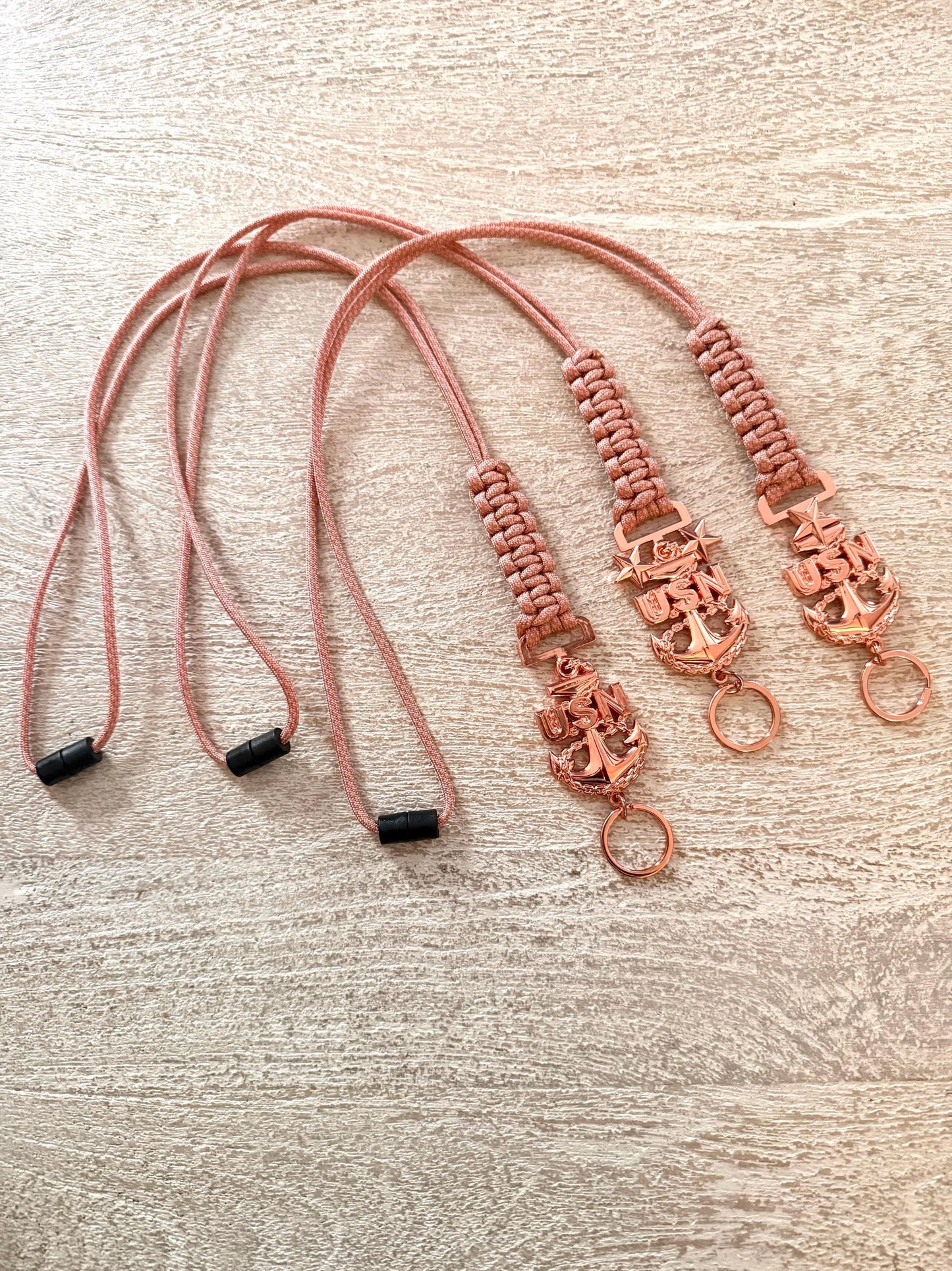 USN E7/E8/E9 Rose Gold Anchors with Rose Pink Diamond Paracord Neck Lanyard.