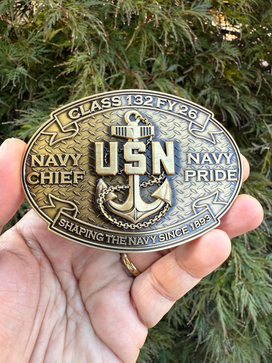 USN Class 132 FY-26 Antique Gold Belt Buckle