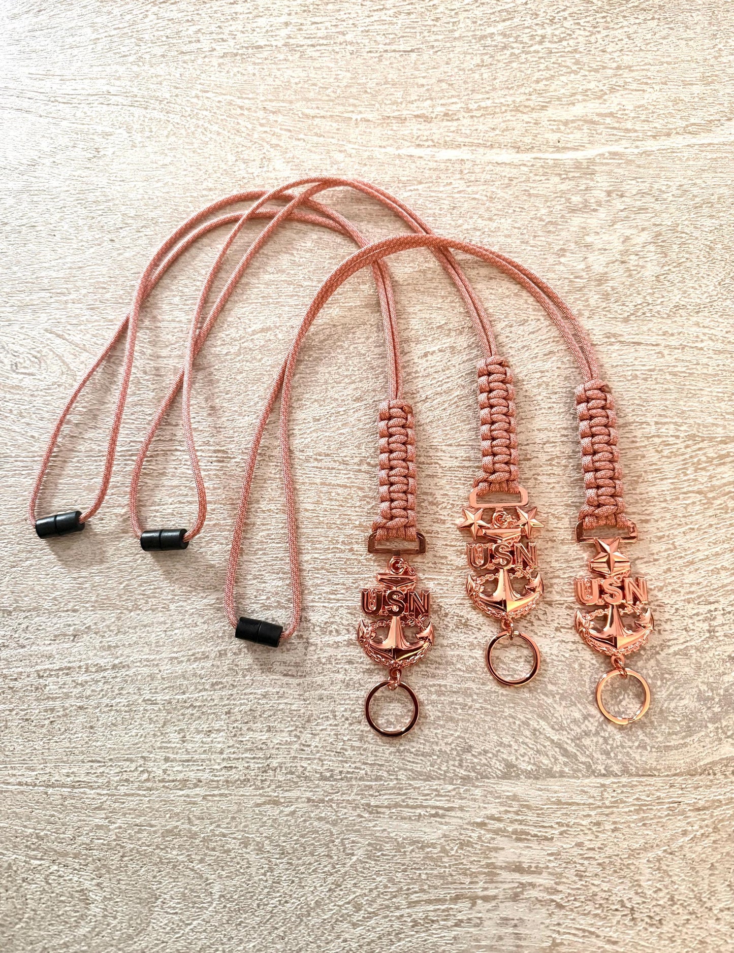USN E7/E8/E9 Rose Gold Anchors with Rose Pink Diamond Paracord Neck Lanyard.