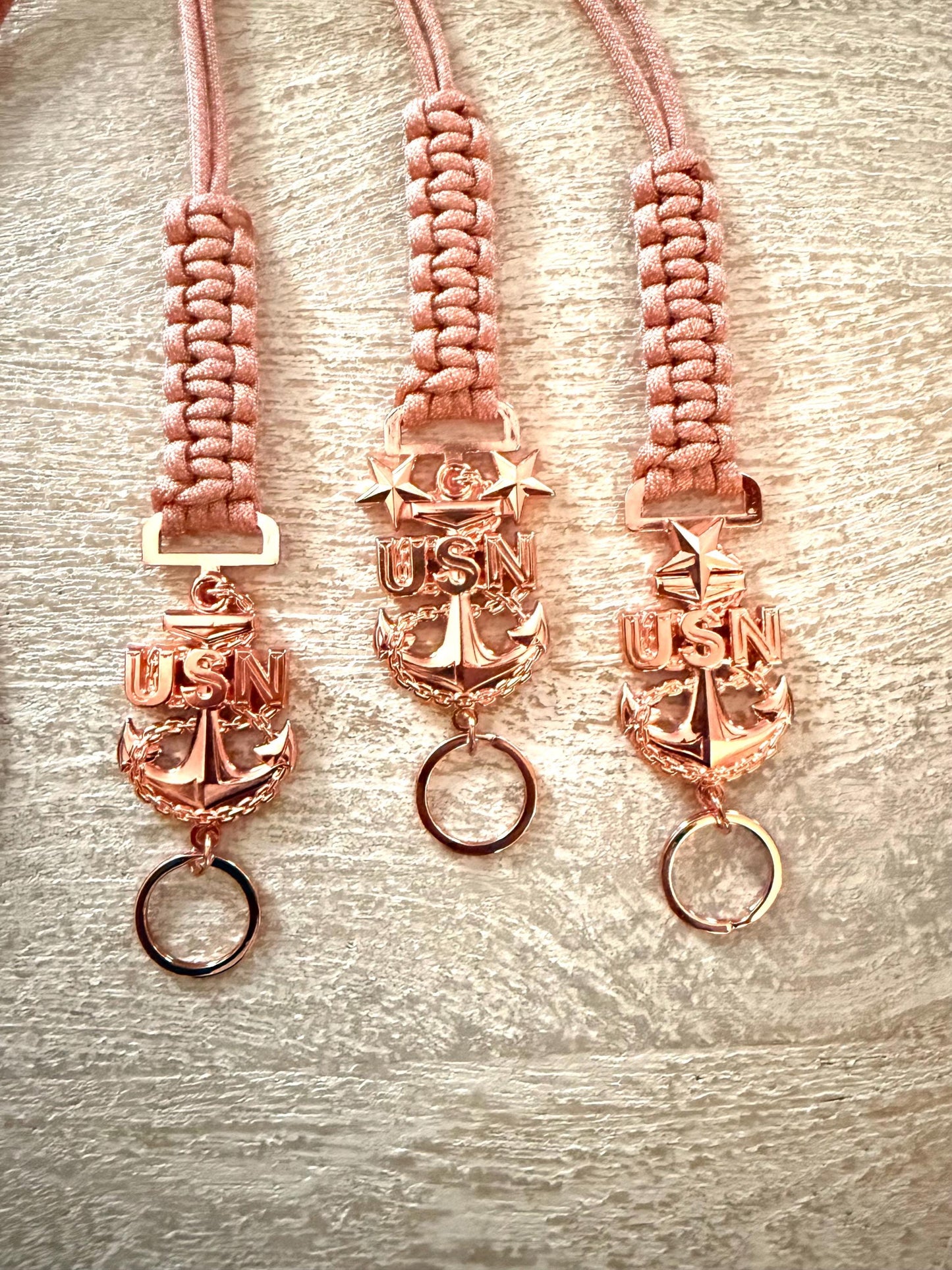 USN E7/E8/E9 Rose Gold Anchors with Rose Pink Diamond Paracord Neck Lanyard.