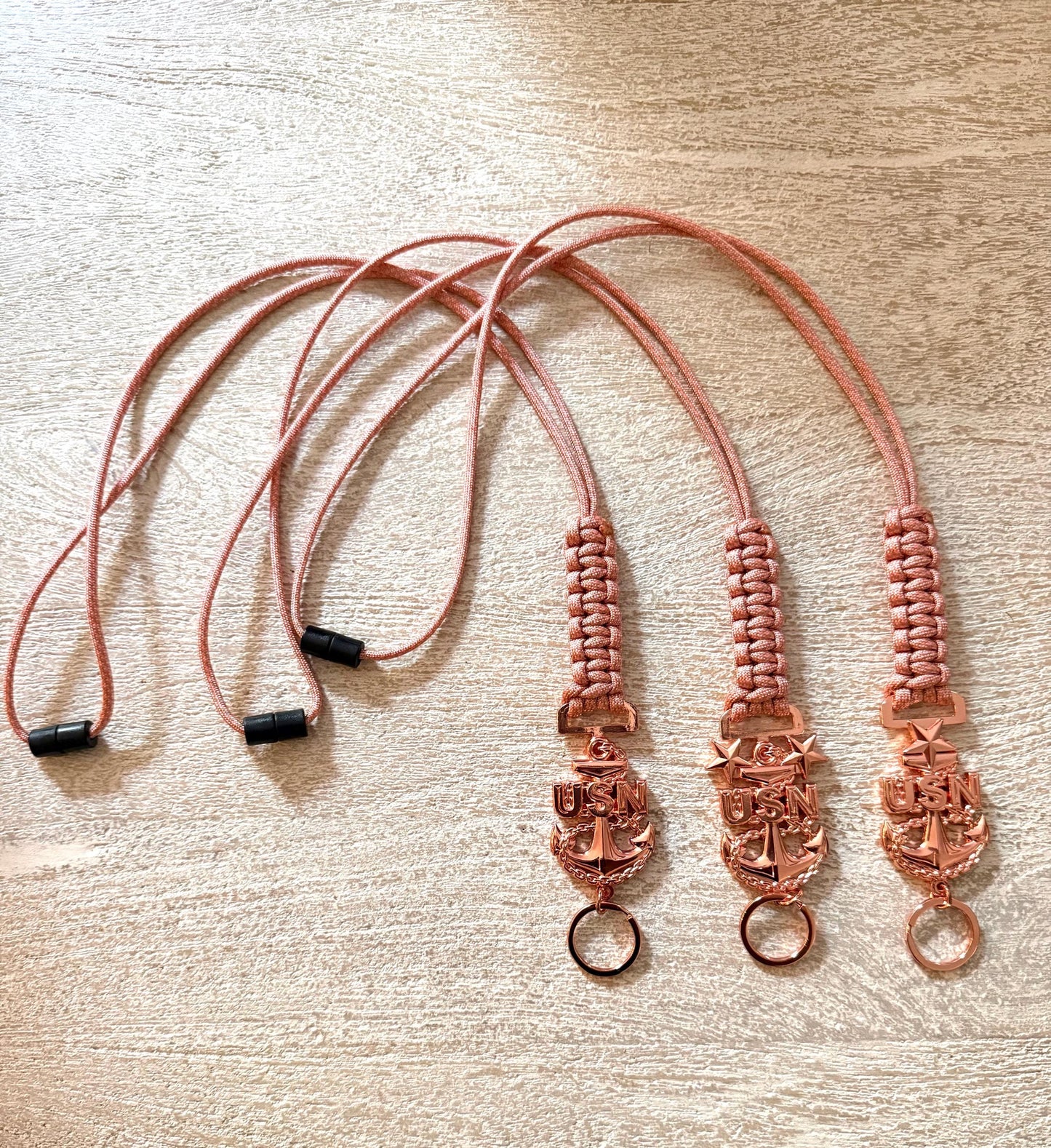 USN E7/E8/E9 Rose Gold Anchors with Rose Pink Diamond Paracord Neck Lanyard.