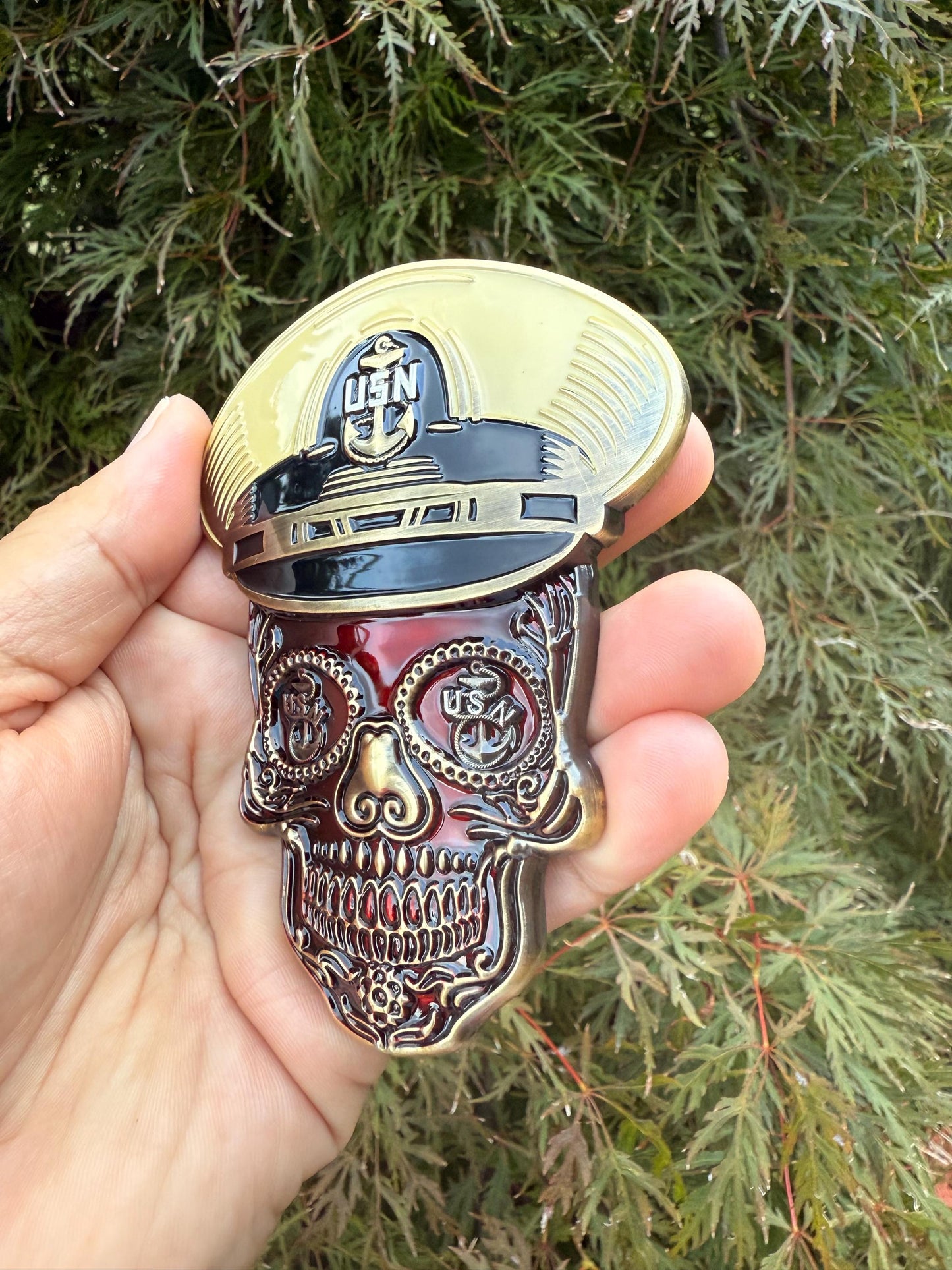 4” Sugar Skull Candy Red Senior Chief Petty Officer Tribal Anchor Challenge Coin.