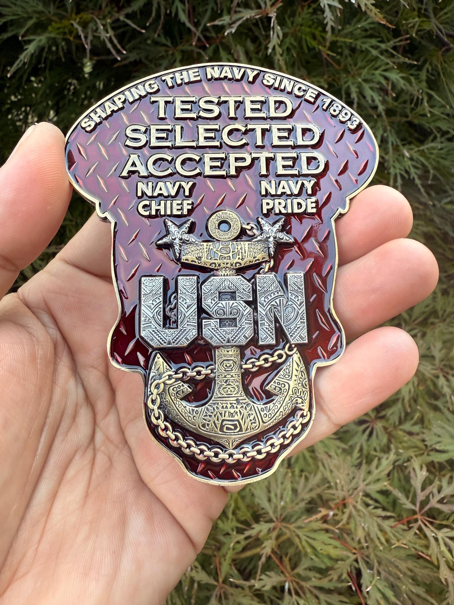 4” Sugar Skull Candy Red Master Chief Petty Officer Tribal Anchor Challenge Coin.