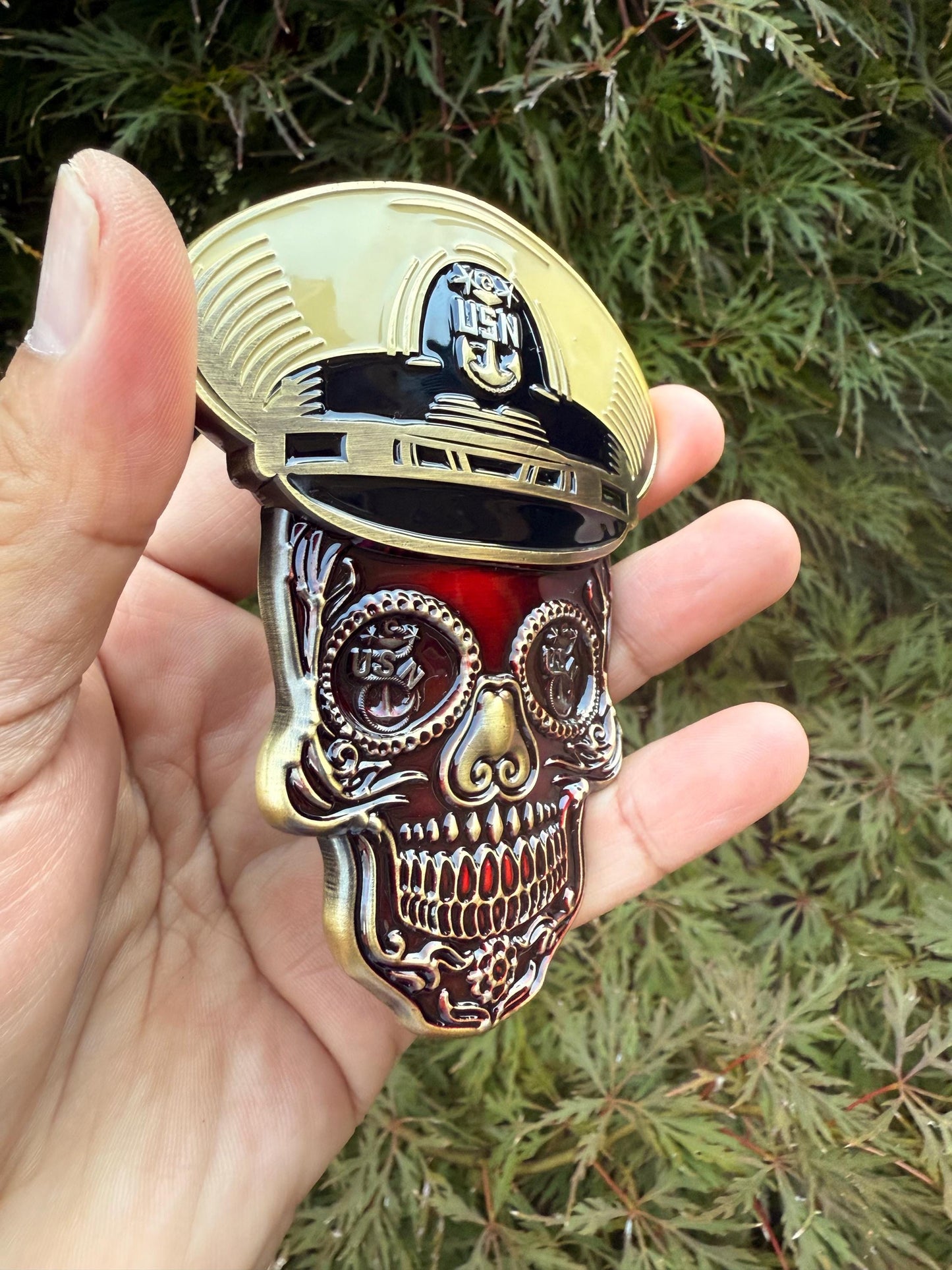 4” Sugar Skull Candy Red Master Chief Petty Officer Tribal Anchor Challenge Coin.