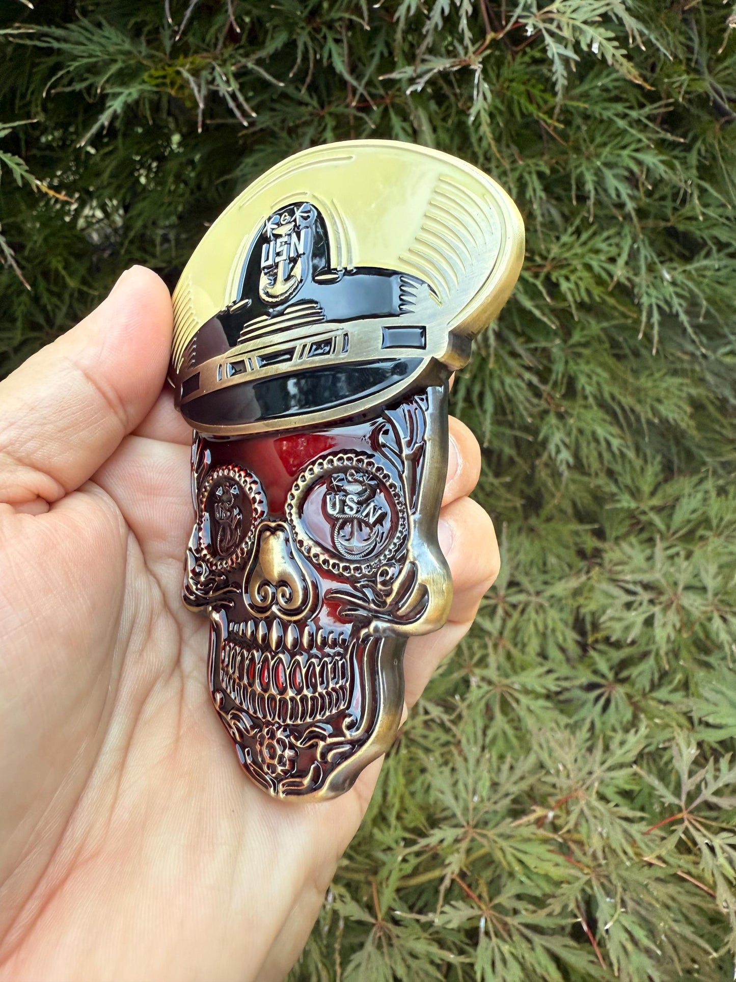 4” Sugar Skull Candy Red Master Chief Petty Officer Tribal Anchor Challenge Coin.