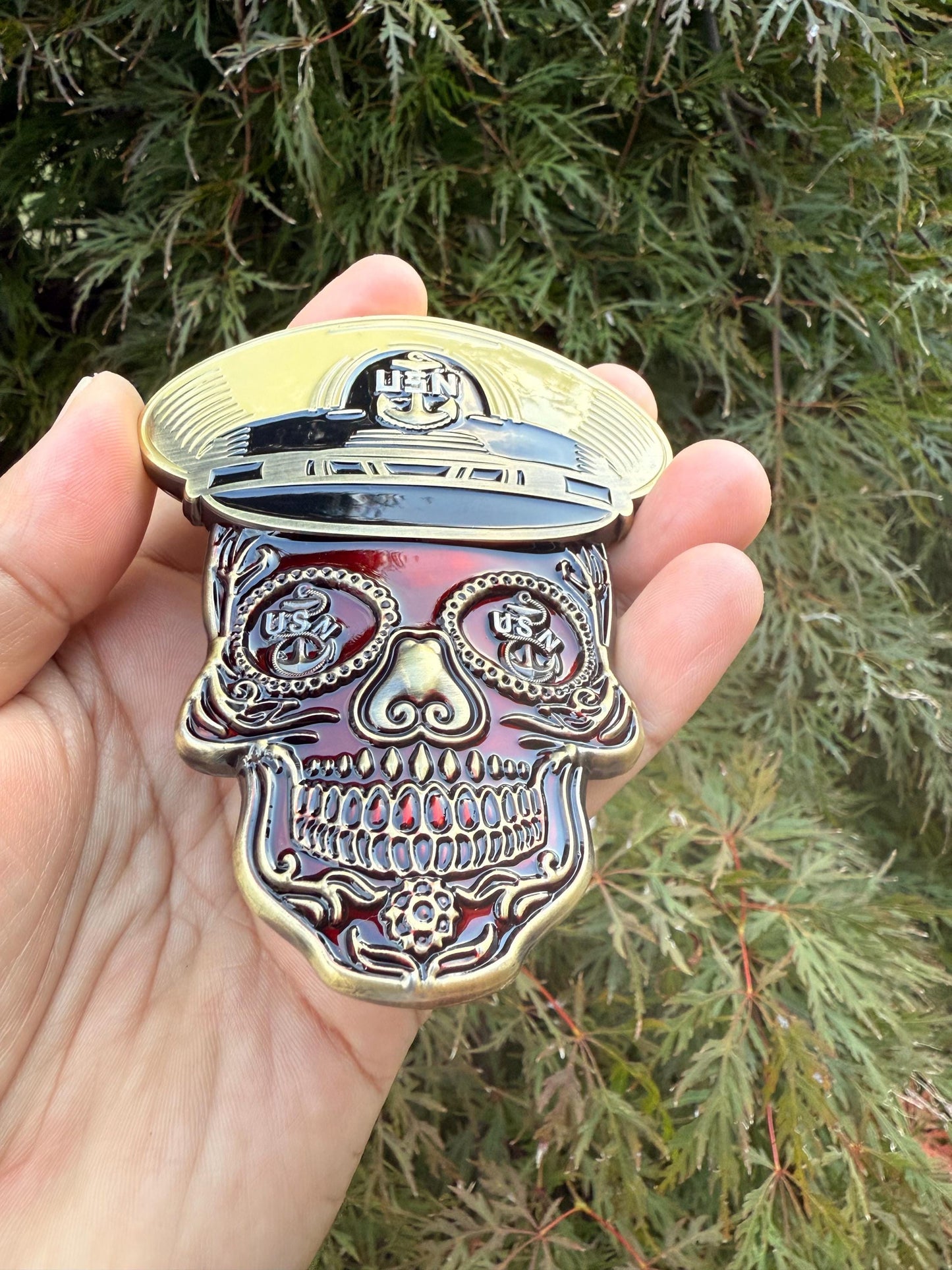 4” Sugar Skull Candy Red Chief Petty Officer Tribal Anchor Challenge Coin.