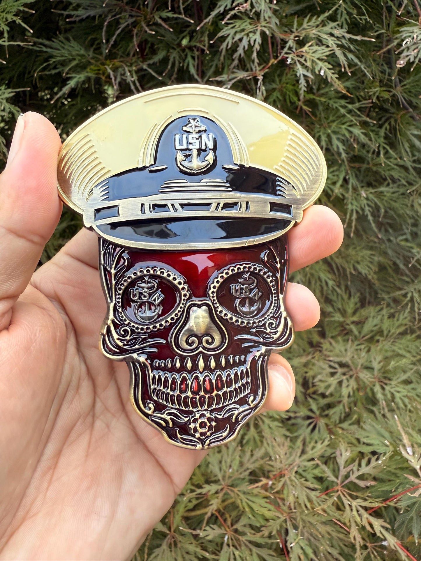 4” Sugar Skull Candy Red Senior Chief Petty Officer Tribal Anchor Challenge Coin.