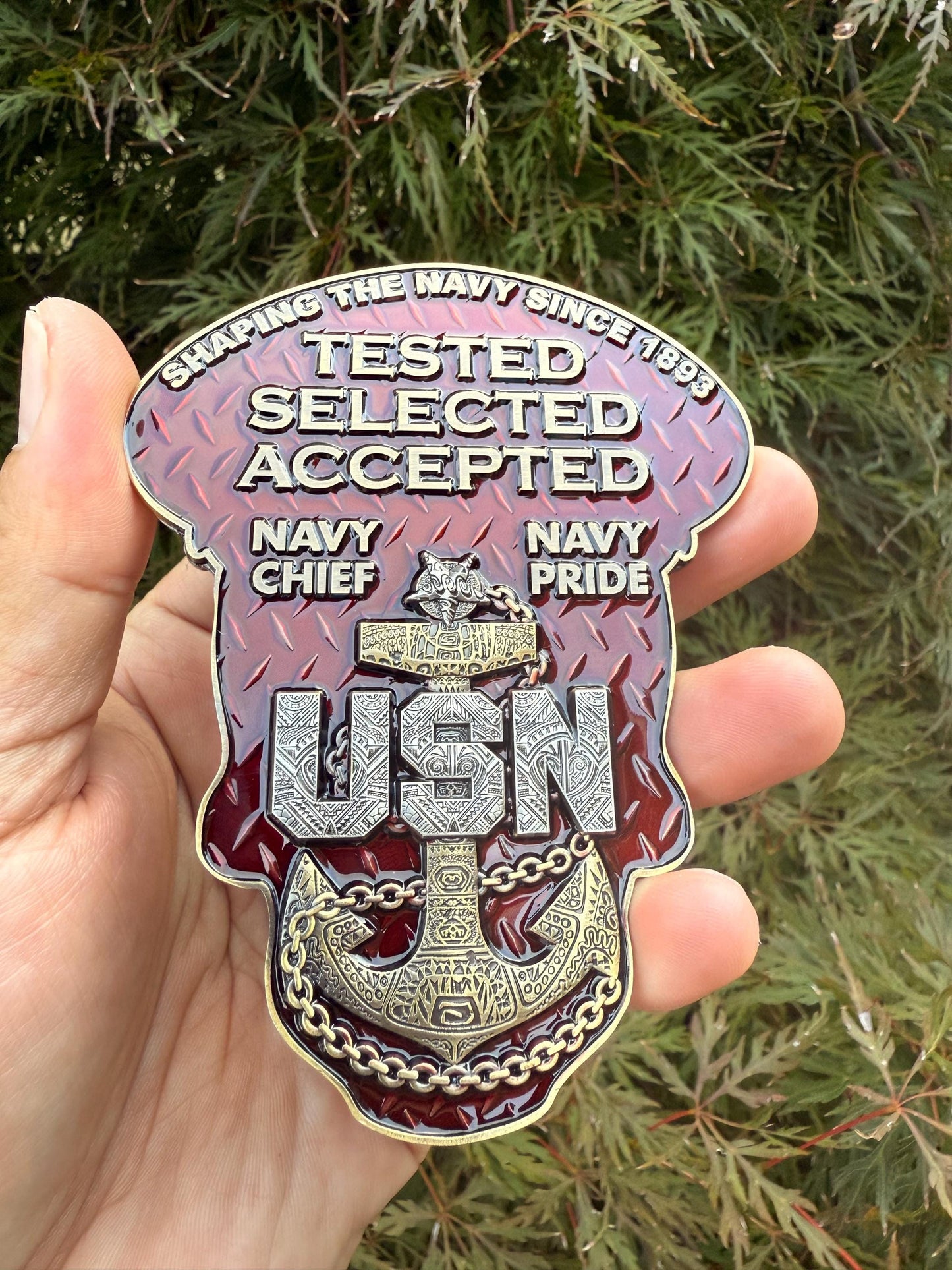 4” Sugar Skull Candy Red Senior Chief Petty Officer Tribal Anchor Challenge Coin.