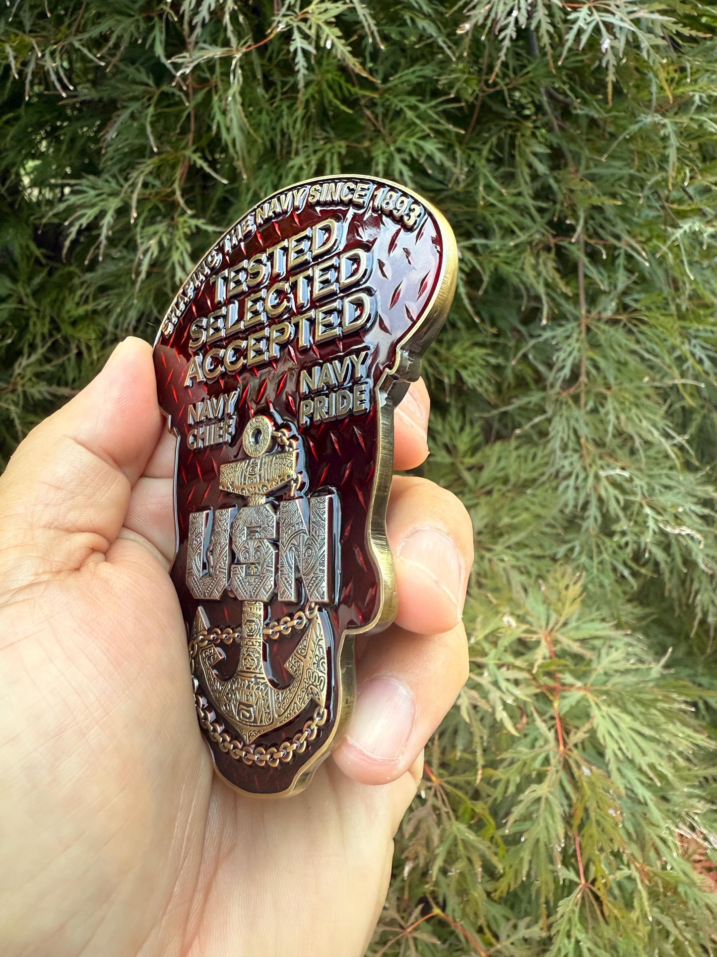 4” Sugar Skull Candy Red Senior Chief Petty Officer Tribal Anchor Challenge Coin.