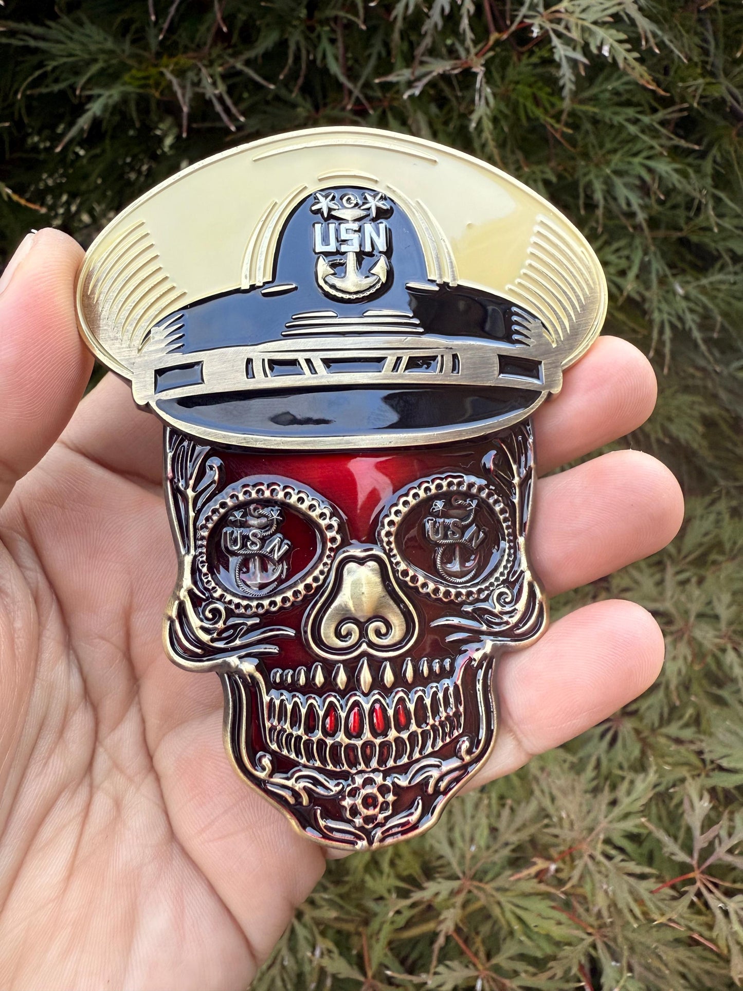 4” Sugar Skull Candy Red Master Chief Petty Officer Tribal Anchor Challenge Coin.