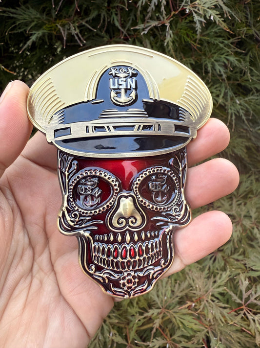 4” Sugar Skull Candy Red Master Chief Petty Officer Tribal Anchor Challenge Coin.