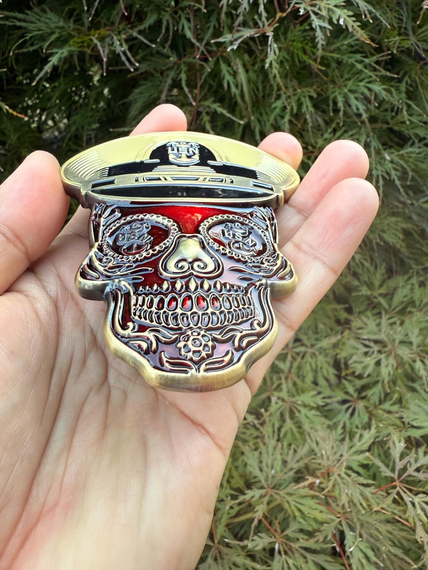 4” Sugar Skull Candy Red Master Chief Petty Officer Tribal Anchor Challenge Coin.